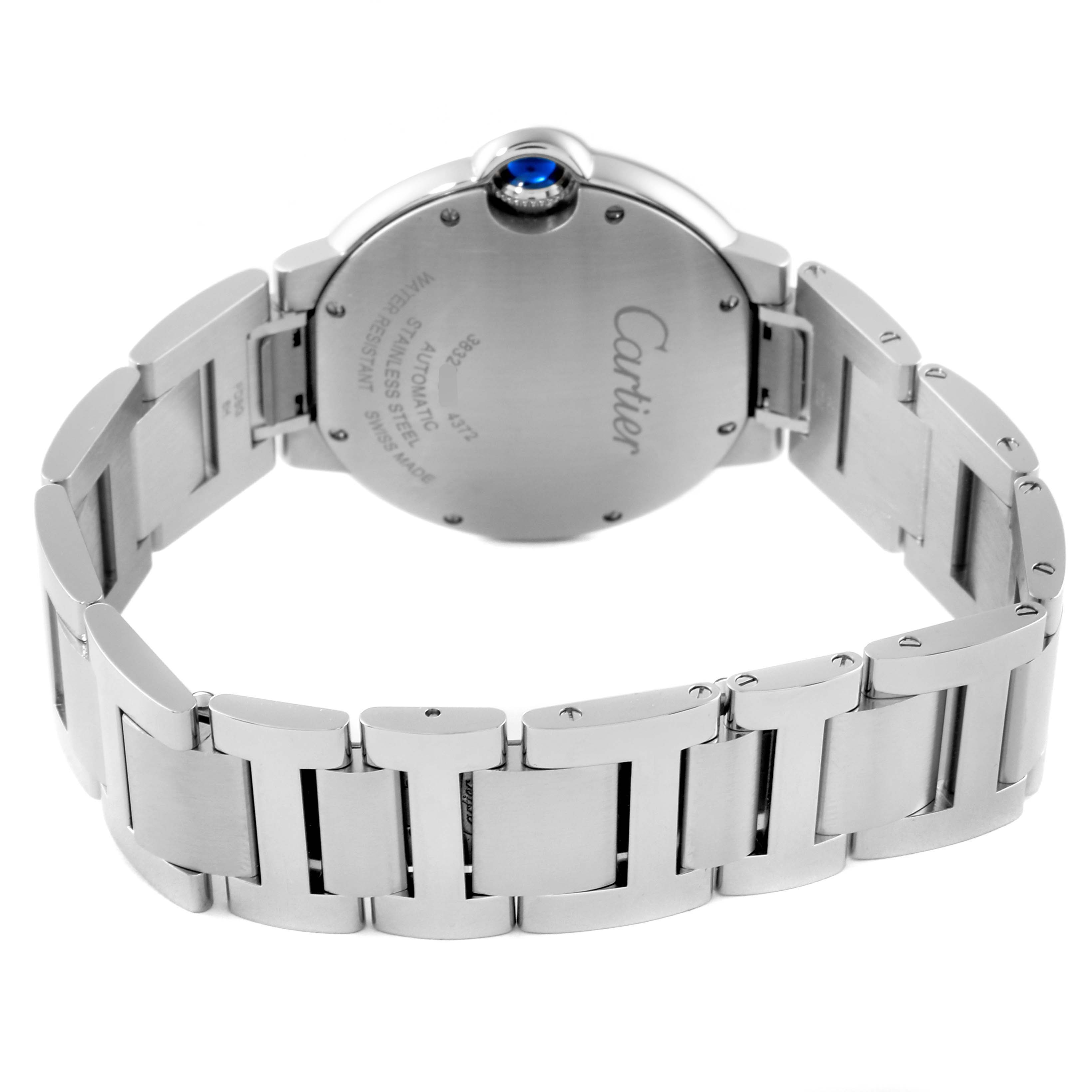The image shows the back case and bracelet of a Cartier Ballon Bleu WSBB0048 Women
s Stainless Steel Silver Dial WSBB0048 Women
s Stainless Steel Silver Dial watch from a rear angle.