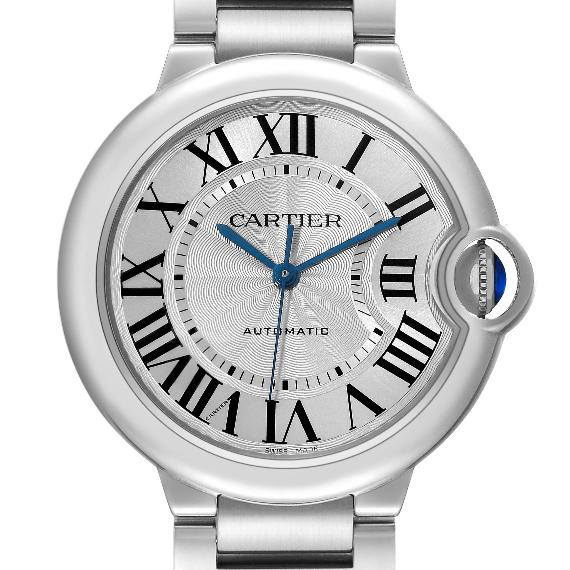 The image displays a close-up of the face and bracelet of the Cartier Ballon Bleu WSBB0048 Women
s Stainless Steel Silver Dial WSBB0048 Women
s Stainless Steel Silver Dial watch, highlighting its Roman numerals and blue sword-shaped hands.