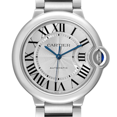 The image shows a close-up, front view of the Ballon Bleu by Cartier, highlighting its face with Roman numerals and blue hands.