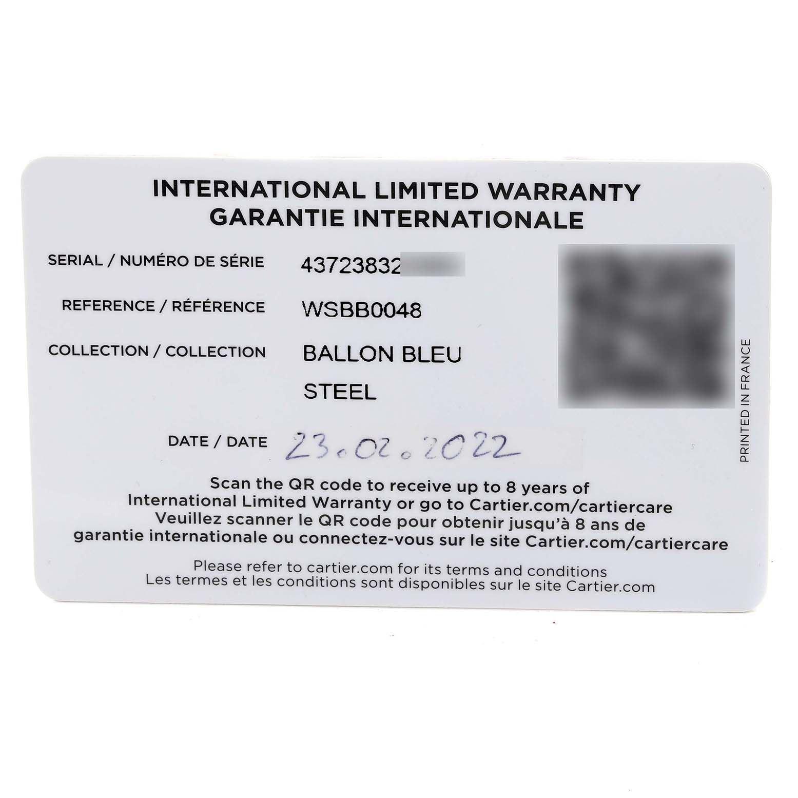 The image shows the front side of an International Limited Warranty card for the Ballon Bleu model by Cartier.