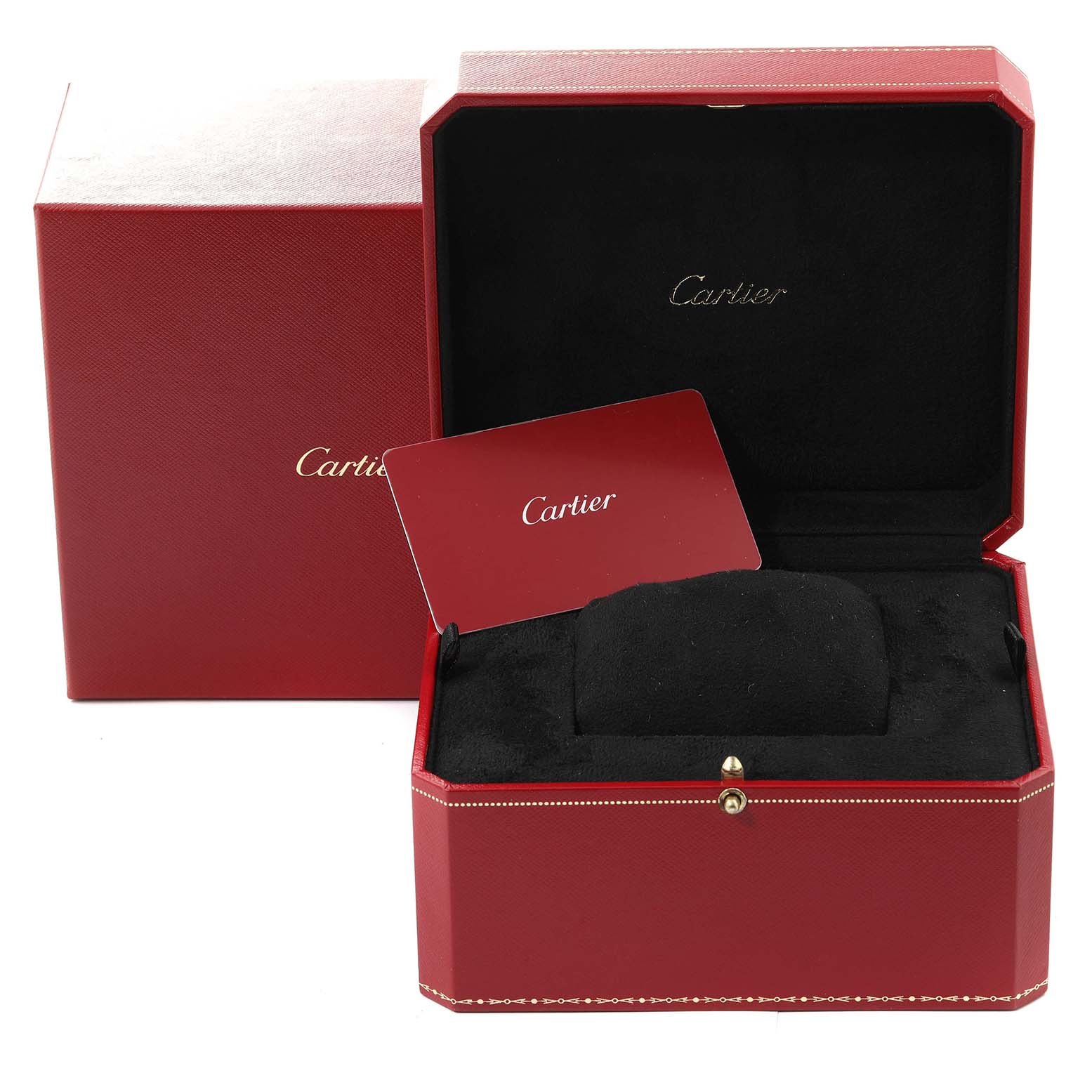 The image shows a red Cartier box for the Ballon Bleu model, with an open interior and a branded card.