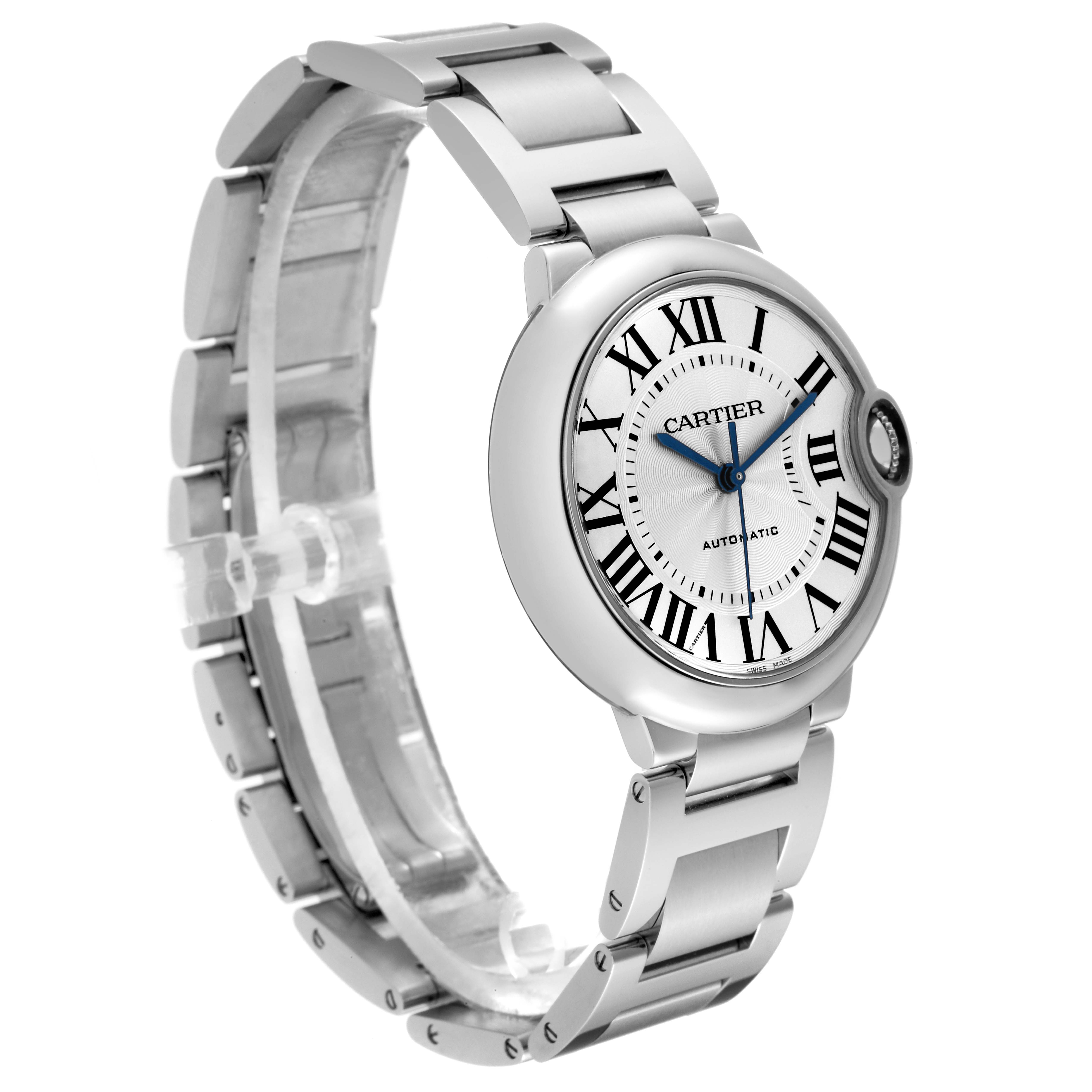 This Cartier Ballon Bleu WSBB0048 Women
s Stainless Steel Silver Dial WSBB0048 Women
s Stainless Steel Silver Dial watch is shown from a side angle, featuring its face with Roman numerals and metal bracelet.