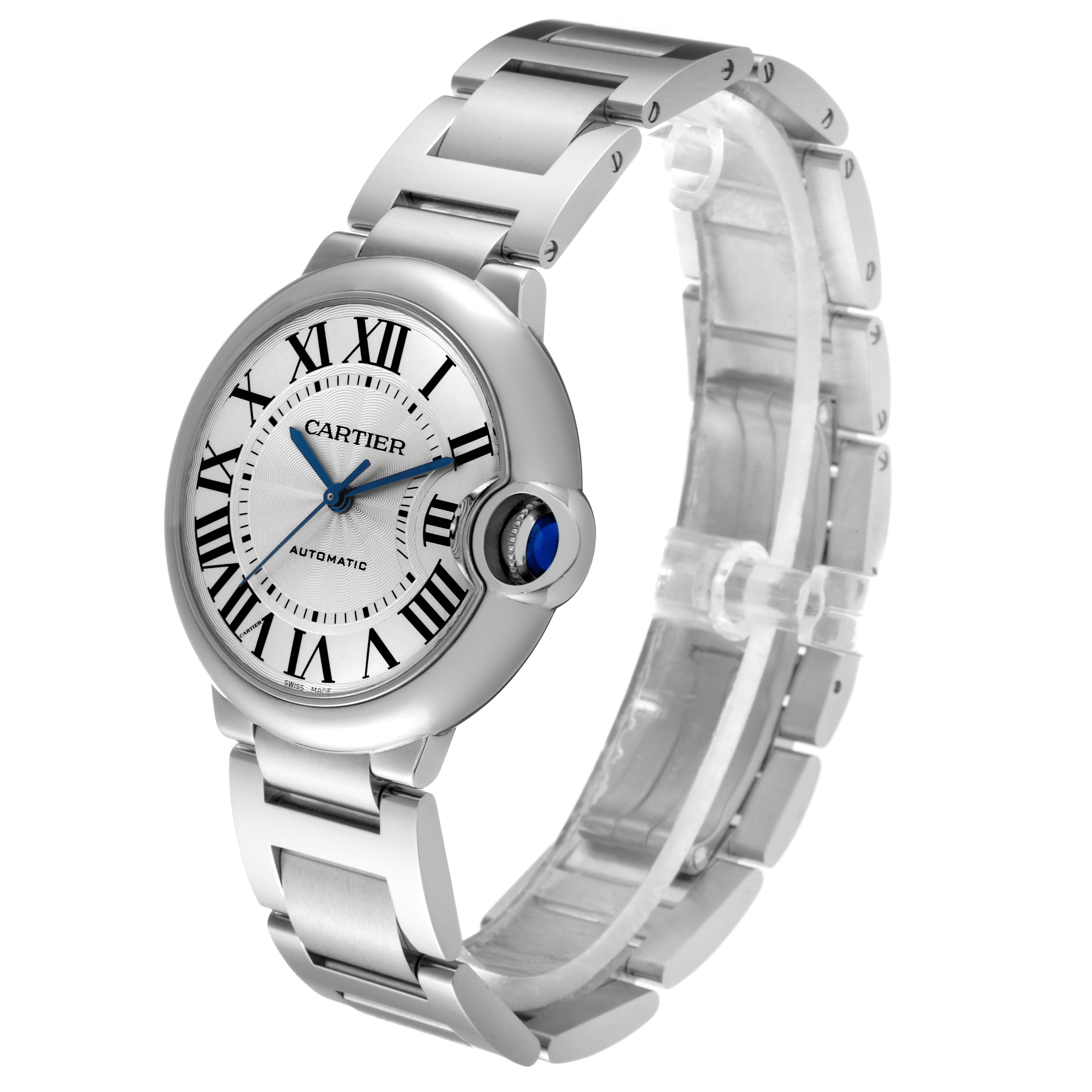 The image shows a Cartier Ballon Bleu WSBB0048 Women
s Stainless Steel Silver Dial WSBB0048 Women
s Stainless Steel Silver Dial watch at an oblique angle, highlighting the face, crown, and bracelet.