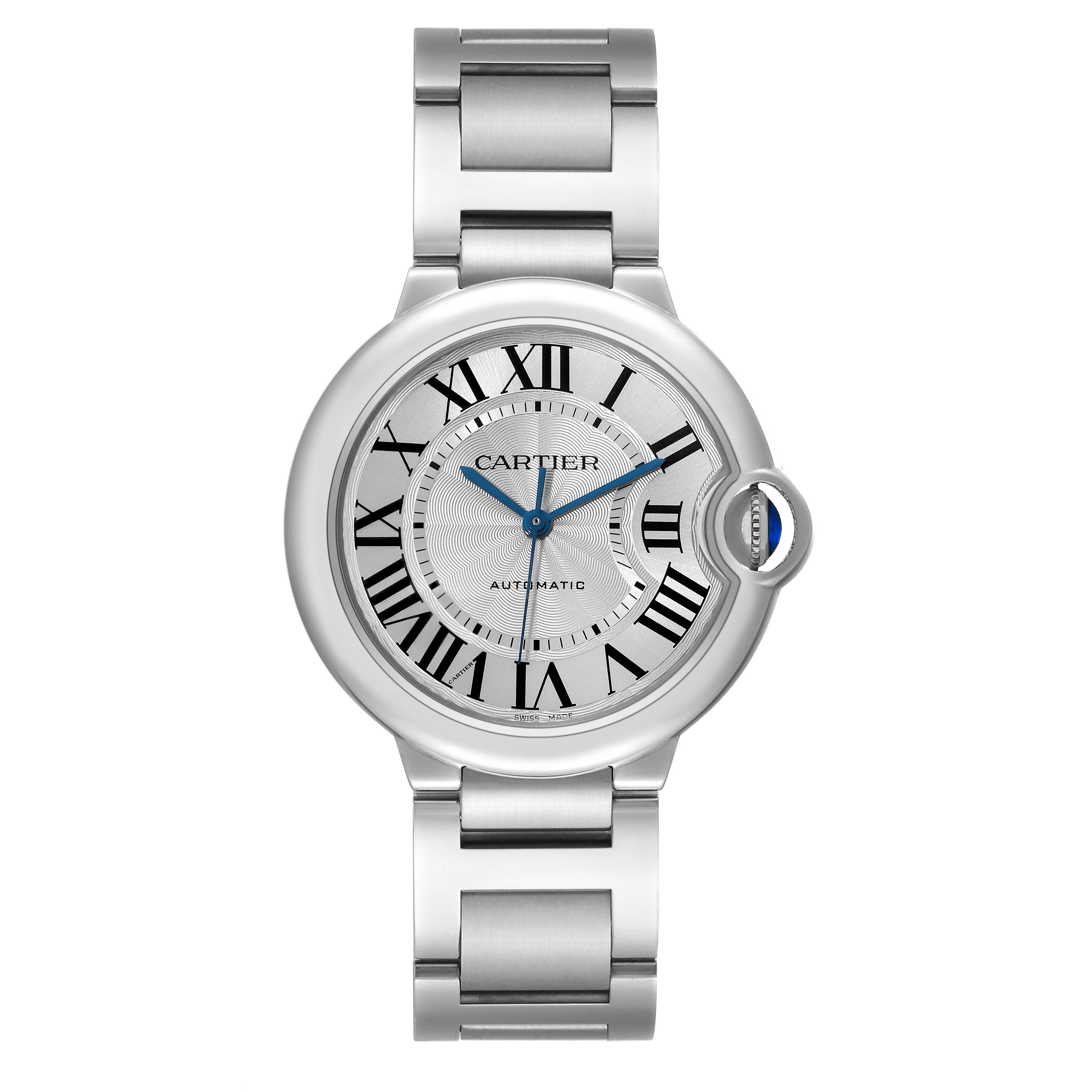 This image shows a front view of a Ballon Bleu model watch by Cartier, displaying its face and bracelet.