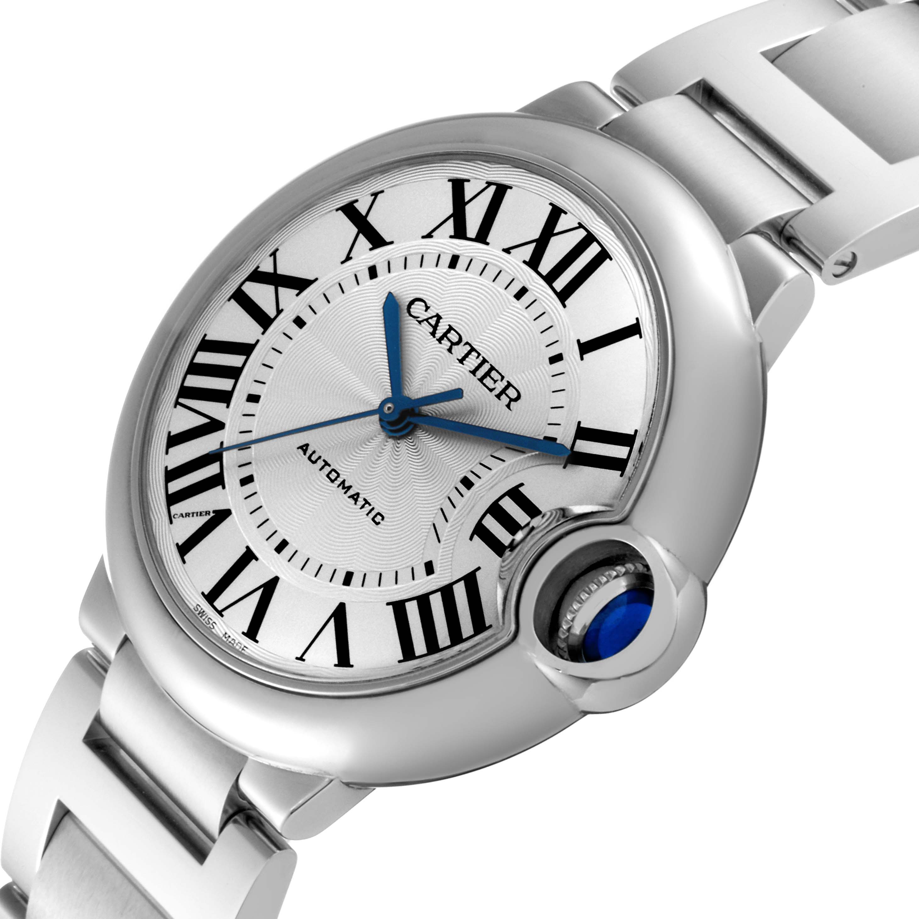 The image shows a close-up angle of the Cartier Ballon Bleu WSBB0048 Women
s Stainless Steel Silver Dial WSBB0048 Women
s Stainless Steel Silver Dial watch, focusing on the watch face, dial, and partial bracelet.