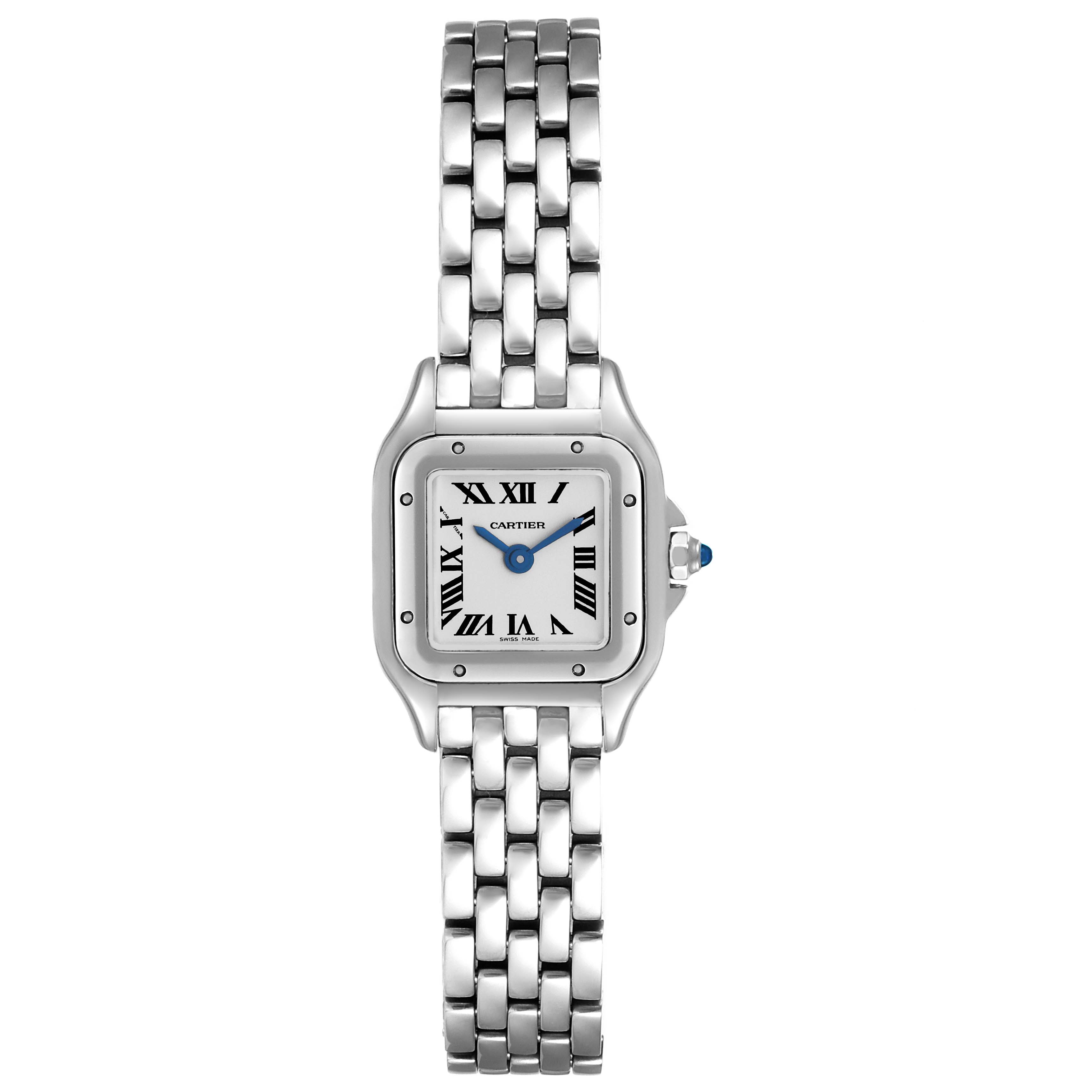 The image shows a front view of the Cartier Panthere WSPN0019 Women's Stainless Steel Silver Dial WSPN0019 Women's Stainless Steel Silver Dial watch displaying its face and metal bracelet.