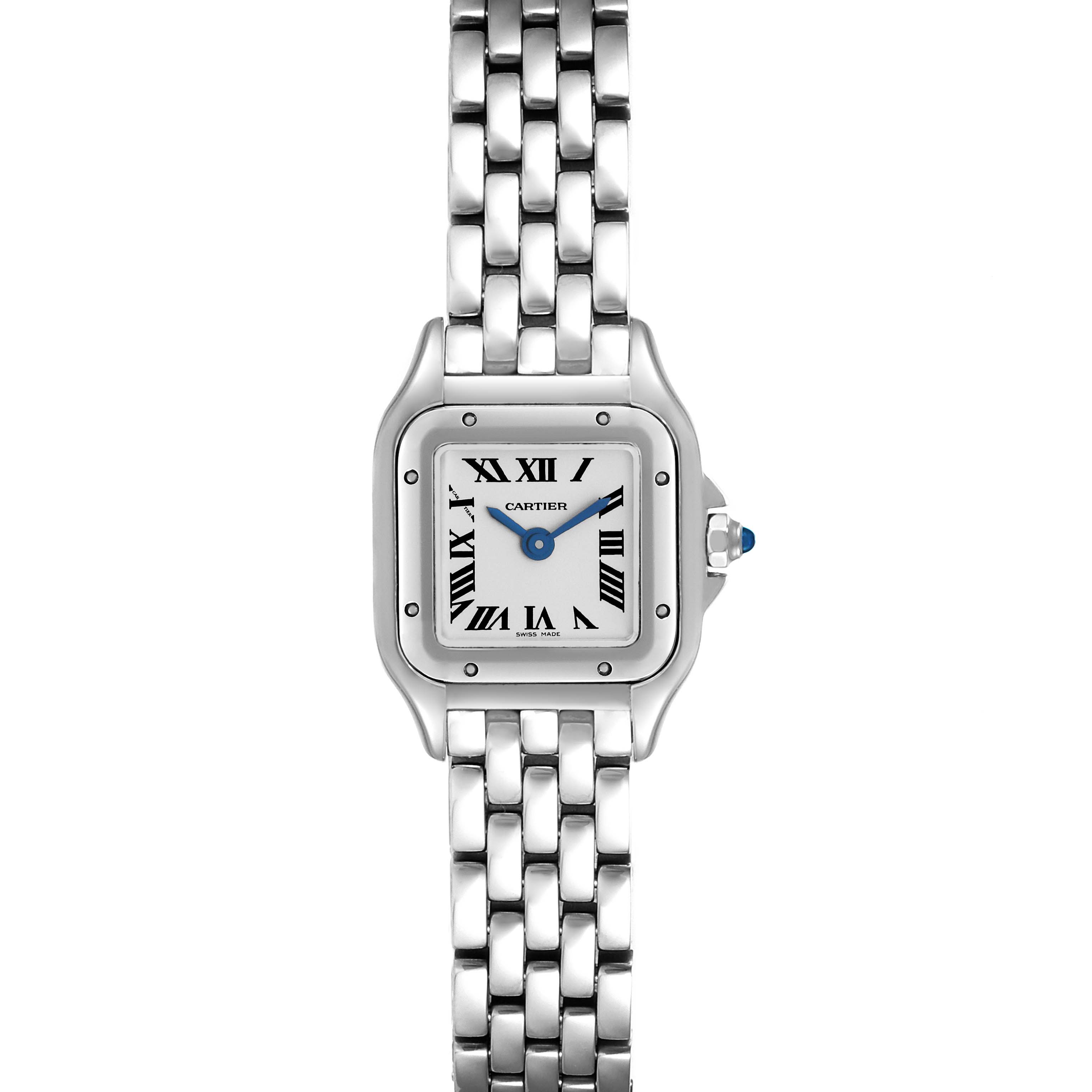 This image shows a Cartier Panthere WSPN0019 Women's Stainless Steel Silver Dial WSPN0019 Women's Stainless Steel Silver Dial watch, viewed from the front, displaying its face and bracelet.