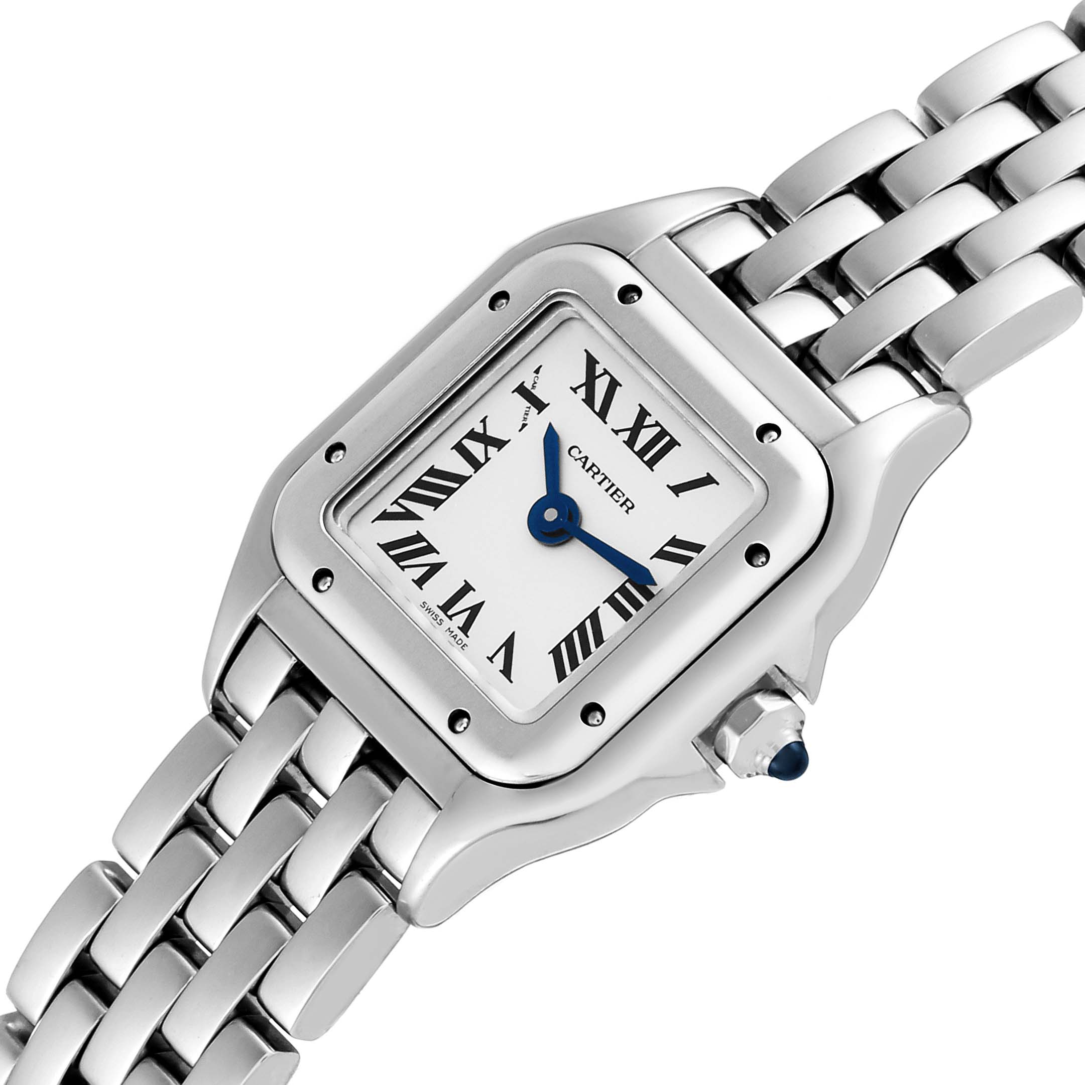The image shows a close-up view of the Cartier Panthère watch's face, bezel, silver bracelet, and crown with a blue cabochon.