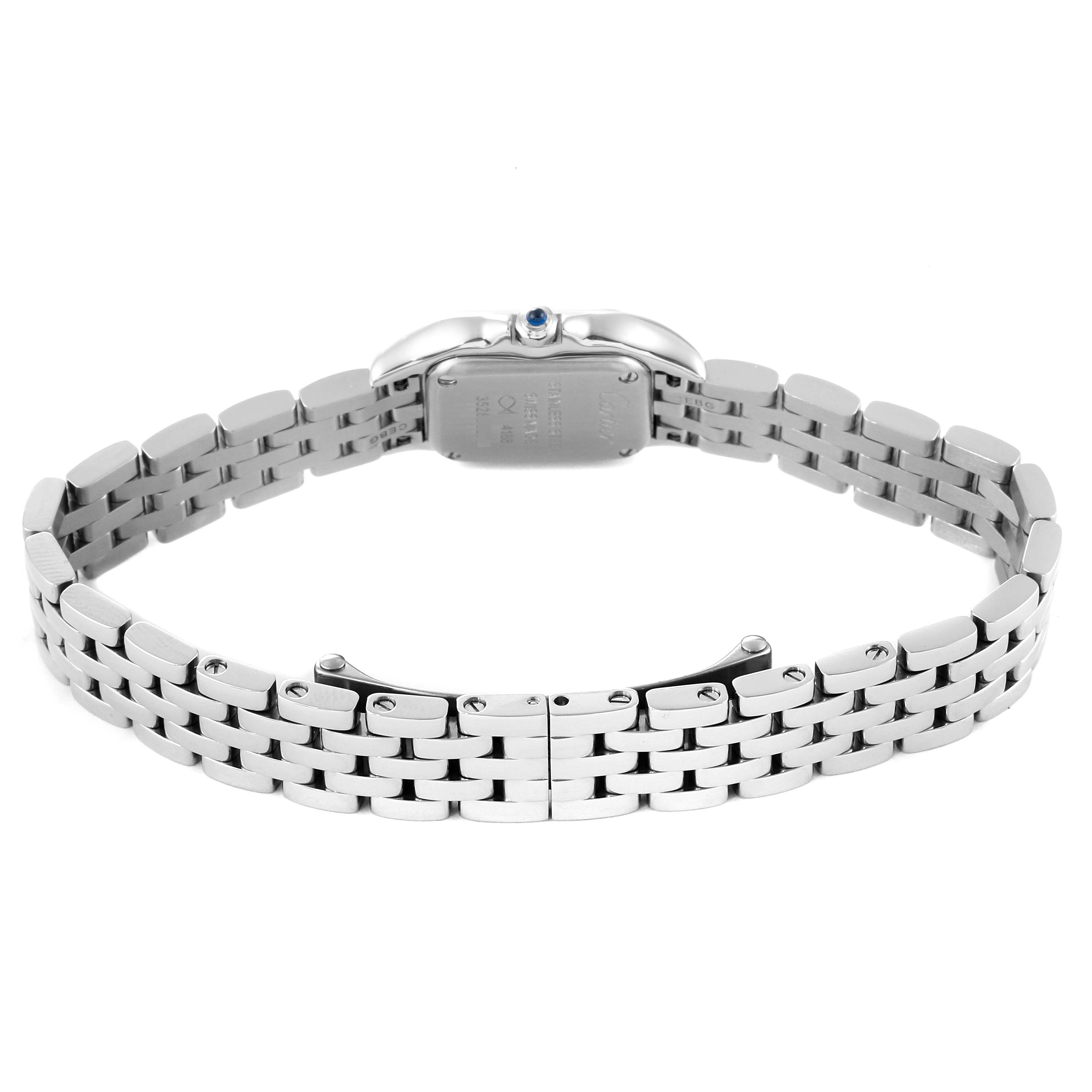 This image shows the backside of the Panthère de Cartier watch, highlighting its stainless steel bracelet and clasp mechanism.