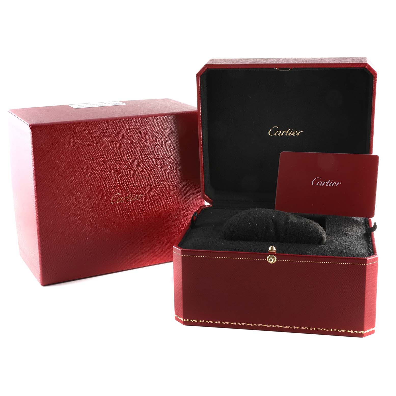 The image shows the packaging and accessories for a Cartier Panthere WSPN0019 Women's Stainless Steel Silver Dial WSPN0019 Women's Stainless Steel Silver Dial watch, including an open red watch box and a warranty card.