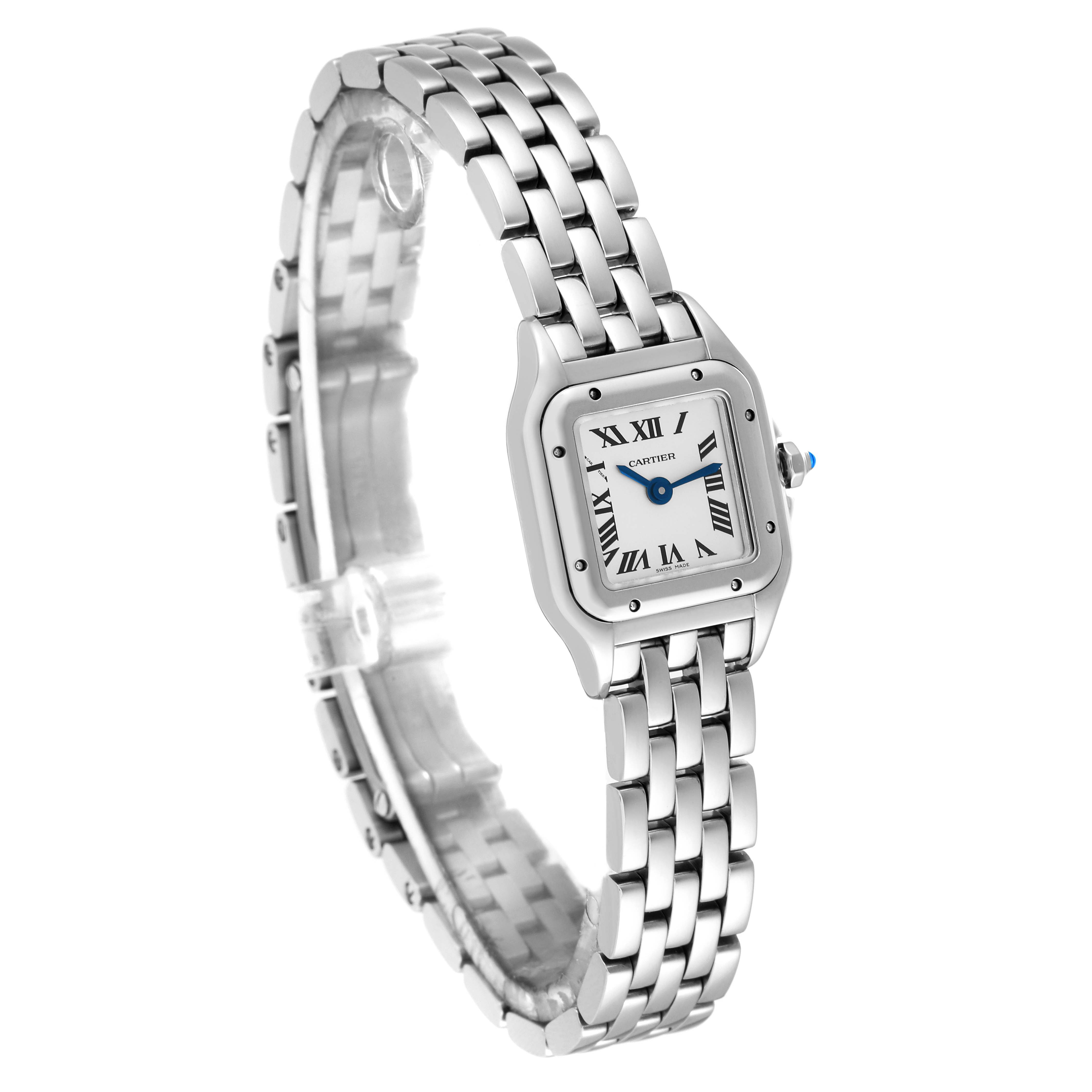 This image shows a Panthere model by Cartier from a front angle, displaying the face, bezel, and metal bracelet.