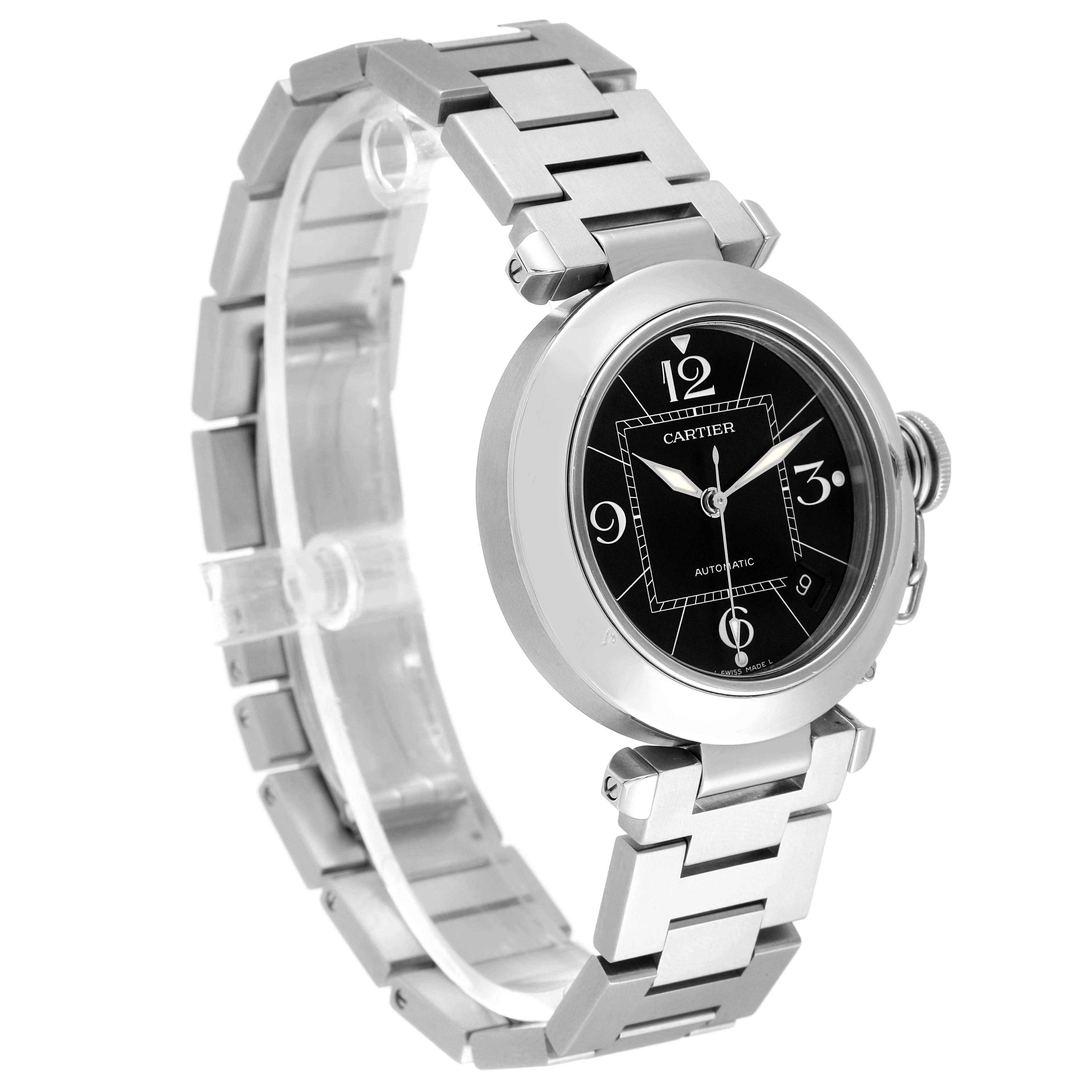 The image shows a side and front view of the Cartier Pasha W31076M7 Women's Stainless Steel Black Dial W31076M7 Women's Stainless Steel Black Dial watch, highlighting its stainless steel bracelet and black dial.