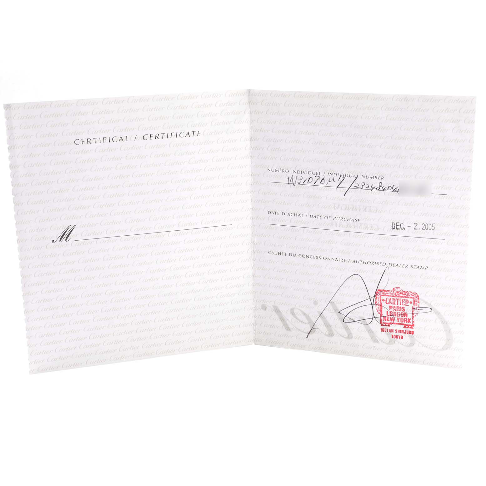 The image shows an opened certificate for the Cartier Pasha W31076M7 Women's Stainless Steel Black Dial W31076M7 Women's Stainless Steel Black Dial model watch, displaying purchase details and dealer stamp.