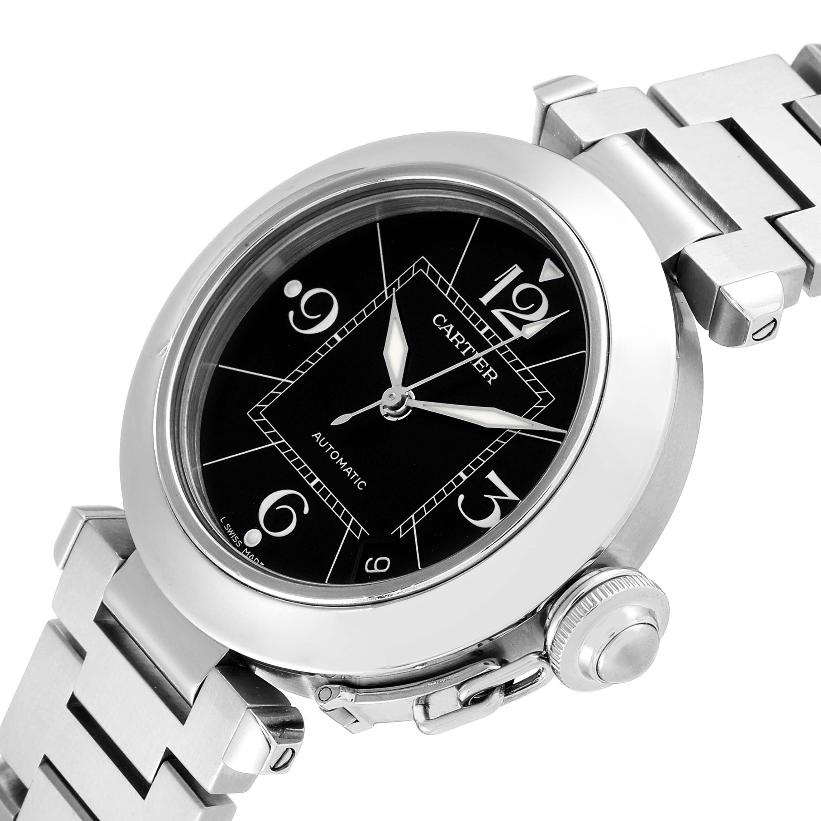 The image shows a close-up side angle of a Cartier Pasha W31076M7 Women's Stainless Steel Black Dial W31076M7 Women's Stainless Steel Black Dial watch, highlighting its black dial, crown, and part of the bracelet.