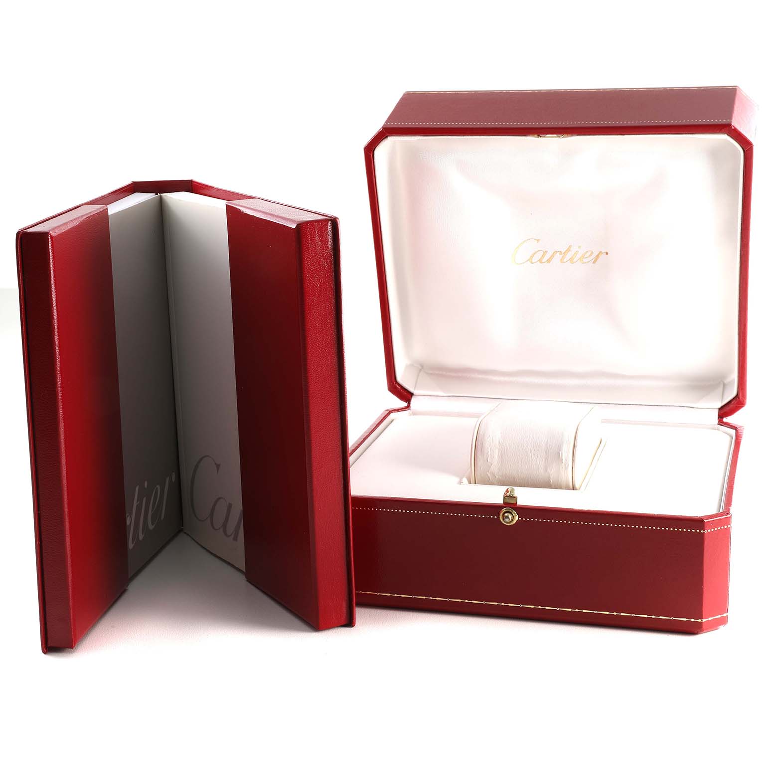 This image shows a red Cartier watch box for the Pasha model, with the lid open, revealing the cushioned interior and a Cartier booklet.