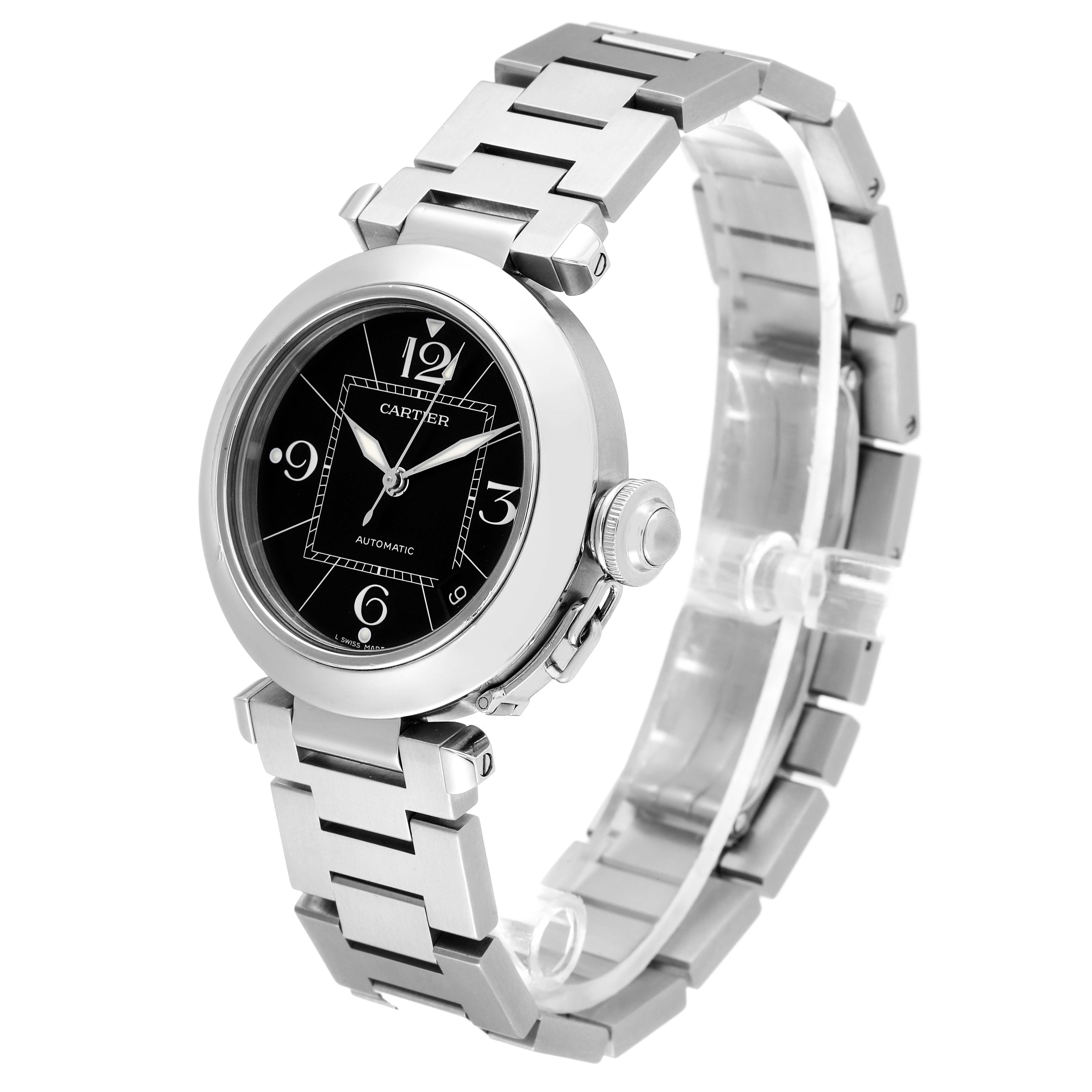 This image shows a side and front angle of the Cartier Pasha W31076M7 Women's Stainless Steel Black Dial W31076M7 Women's Stainless Steel Black Dial watch, highlighting the bracelet, dial, and crown.