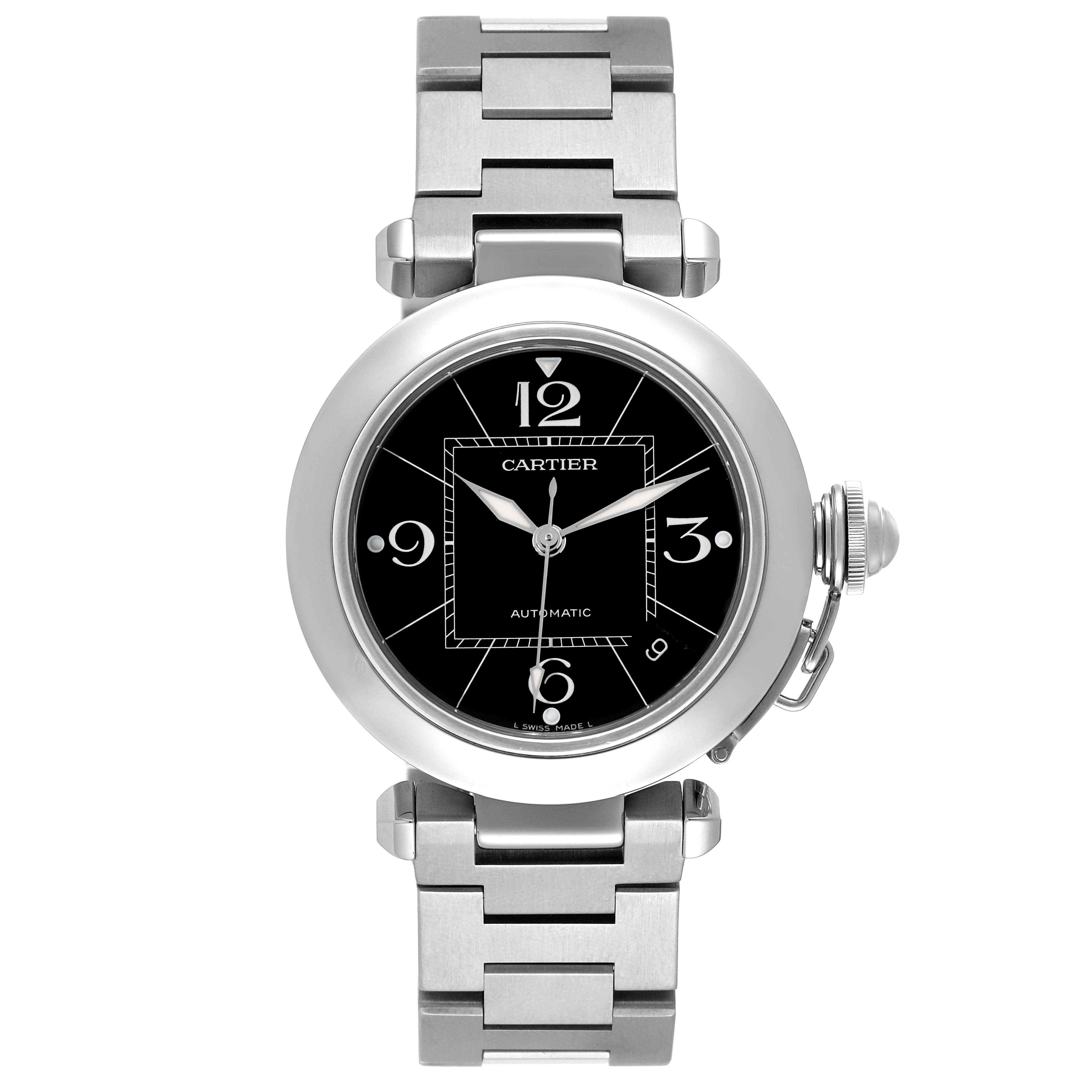 The Cartier Pasha W31076M7 Women's Stainless Steel Black Dial W31076M7 Women's Stainless Steel Black Dial watch is shown from a front angle, displaying its face, bezel, and metal bracelet.