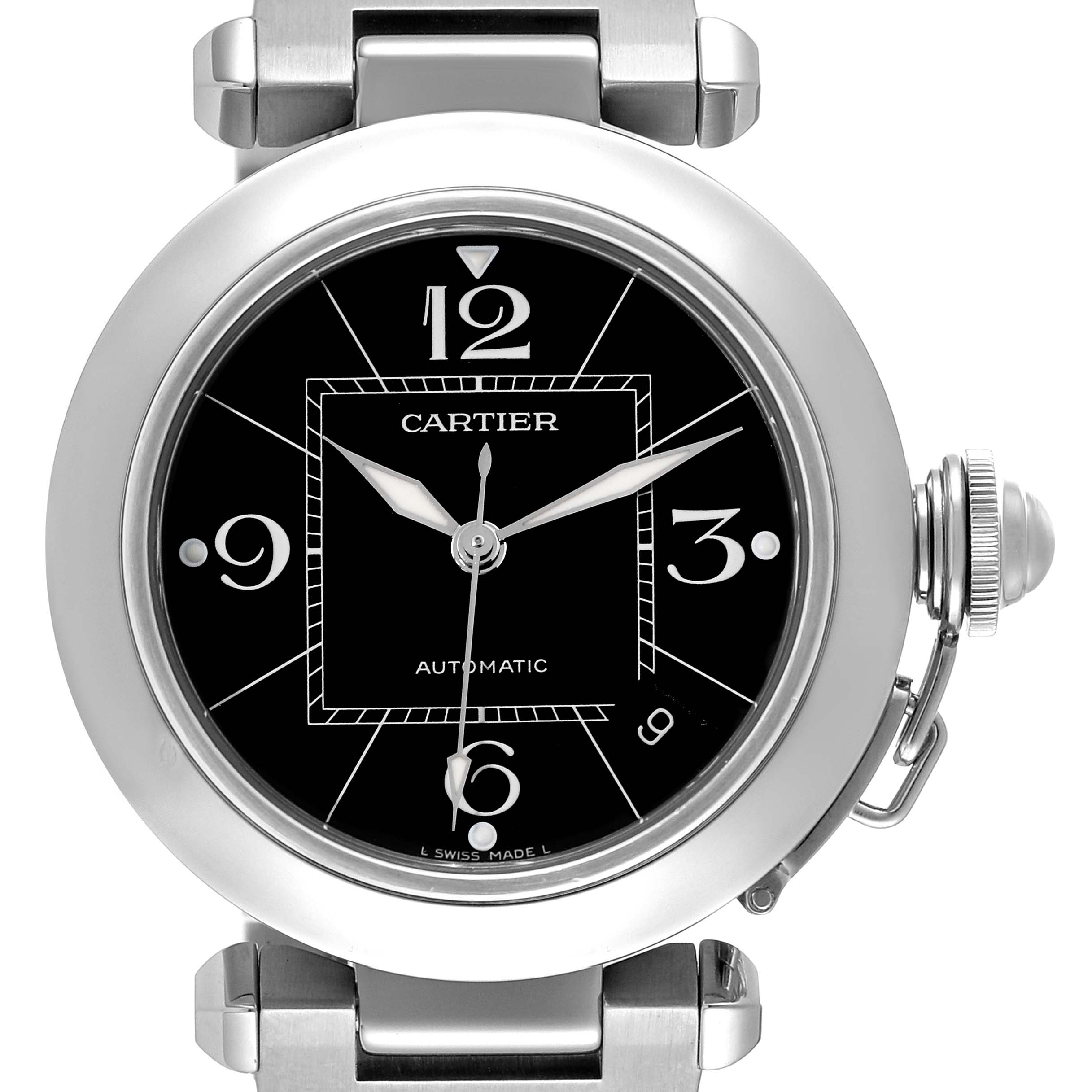 The Cartier Pasha W31076M7 Women's Stainless Steel Black Dial W31076M7 Women's Stainless Steel Black Dial watch is shown from the front, highlighting its black dial, numerals, and stainless steel case.