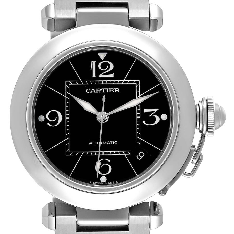 Cartier Pasha C Medium Black Dial Steel Ladies Watch W31076M7 Box Papers SwissWatchExpo