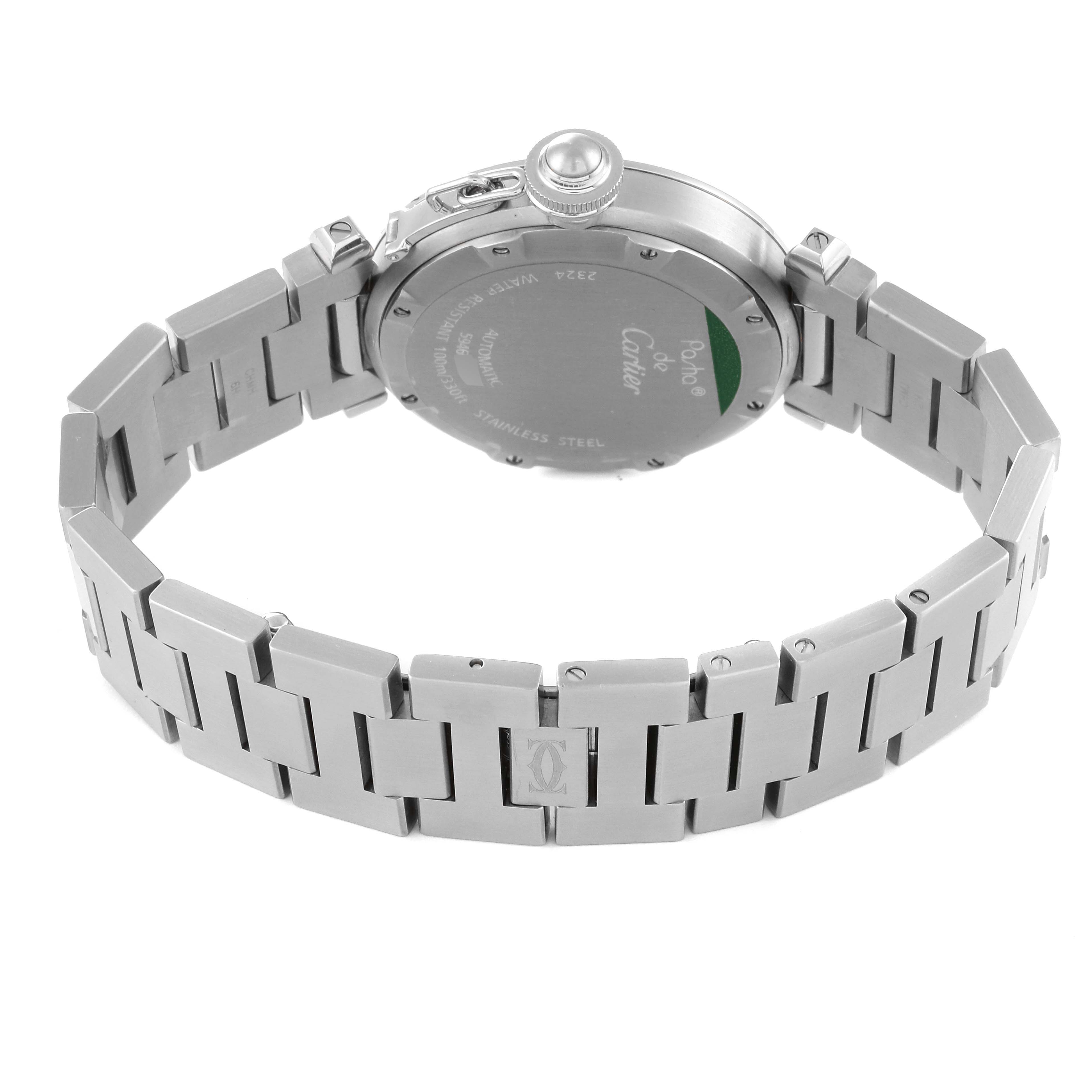 The image shows the back side and stainless steel bracelet of the Cartier Pasha W31075M7 Women's Stainless Steel Pink Dial W31075M7 Women's Stainless Steel Pink Dial watch model.