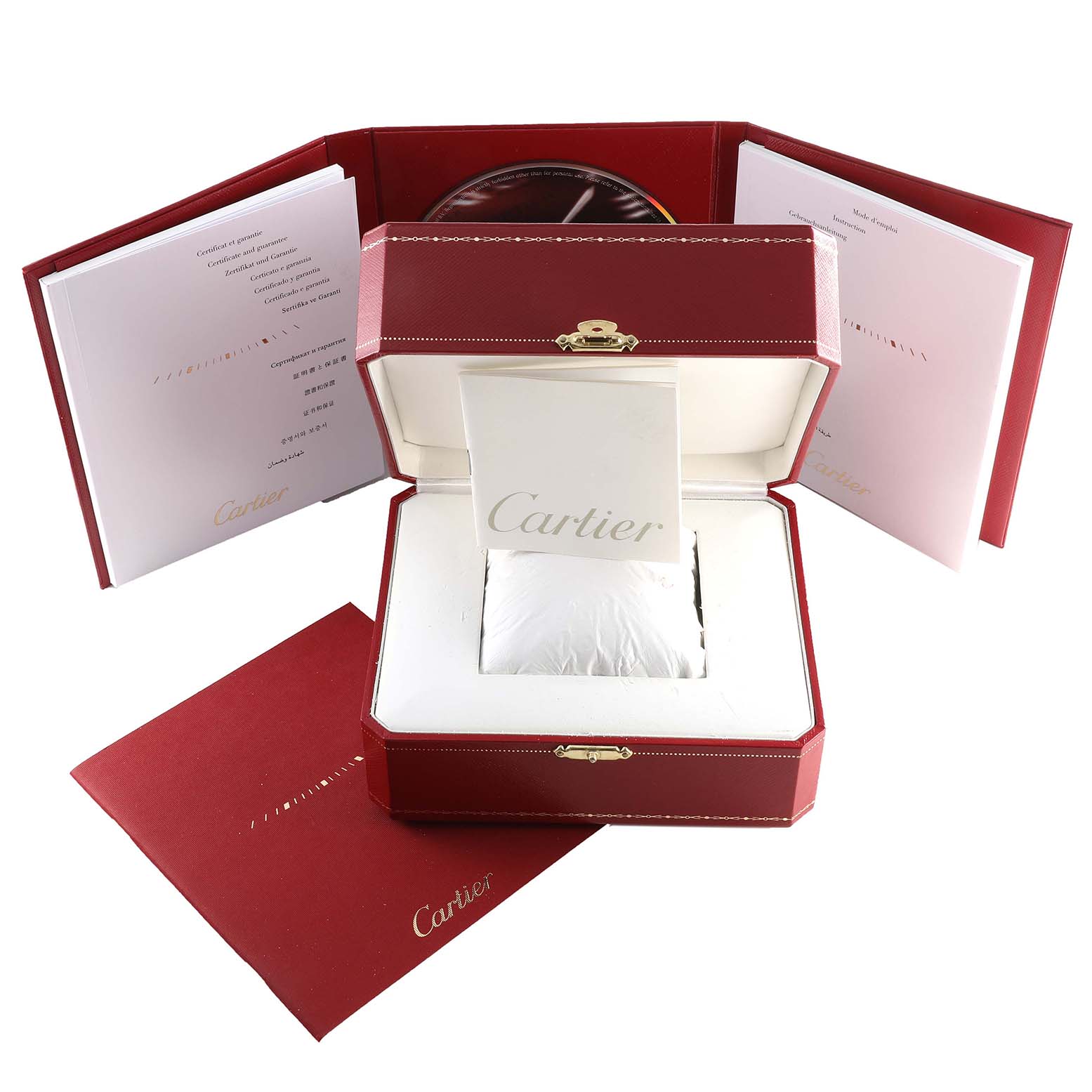 The image shows the packaging and accessories for a Cartier Pasha W31075M7 Women's Stainless Steel Pink Dial W31075M7 Women's Stainless Steel Pink Dial watch, including the red box, cushioning, and booklets.