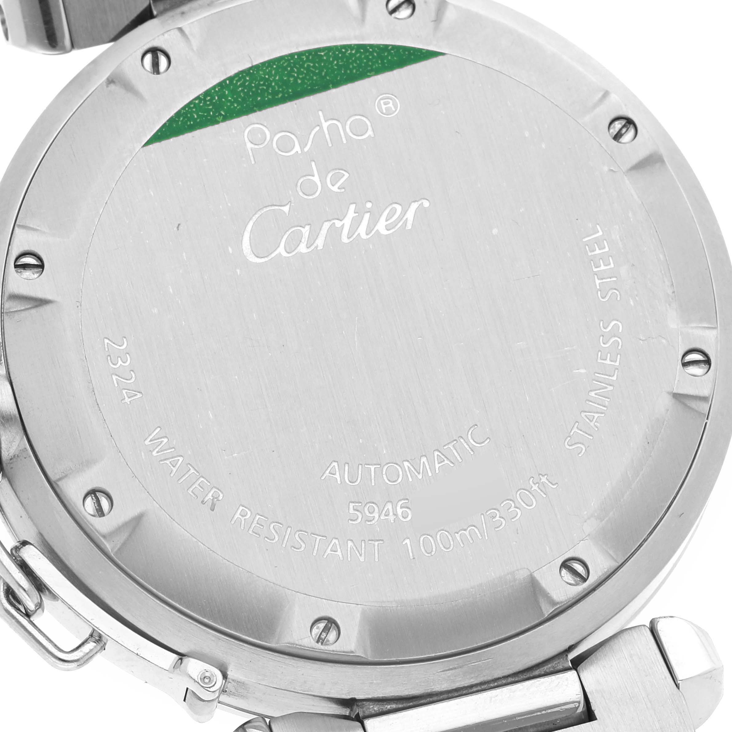 The image shows the back case of a Cartier Pasha W31075M7 Women's Stainless Steel Pink Dial W31075M7 Women's Stainless Steel Pink Dial watch, highlighting its markings and the stainless steel bracelet.