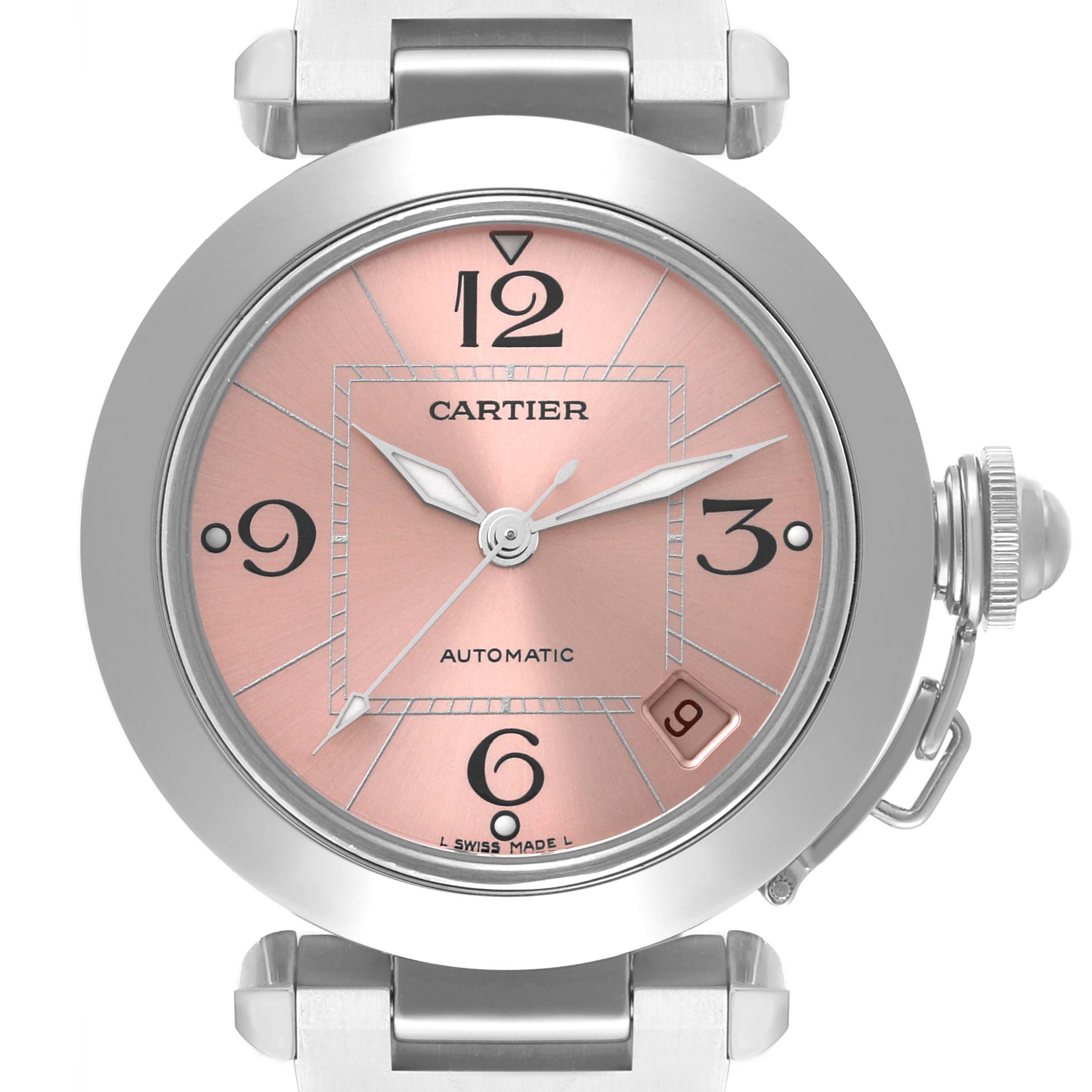 The Cartier Pasha W31075M7 Women's Stainless Steel Pink Dial W31075M7 Women's Stainless Steel Pink Dial watch is shown from the front, displaying its dial, hands, date window, and part of the bracelet.