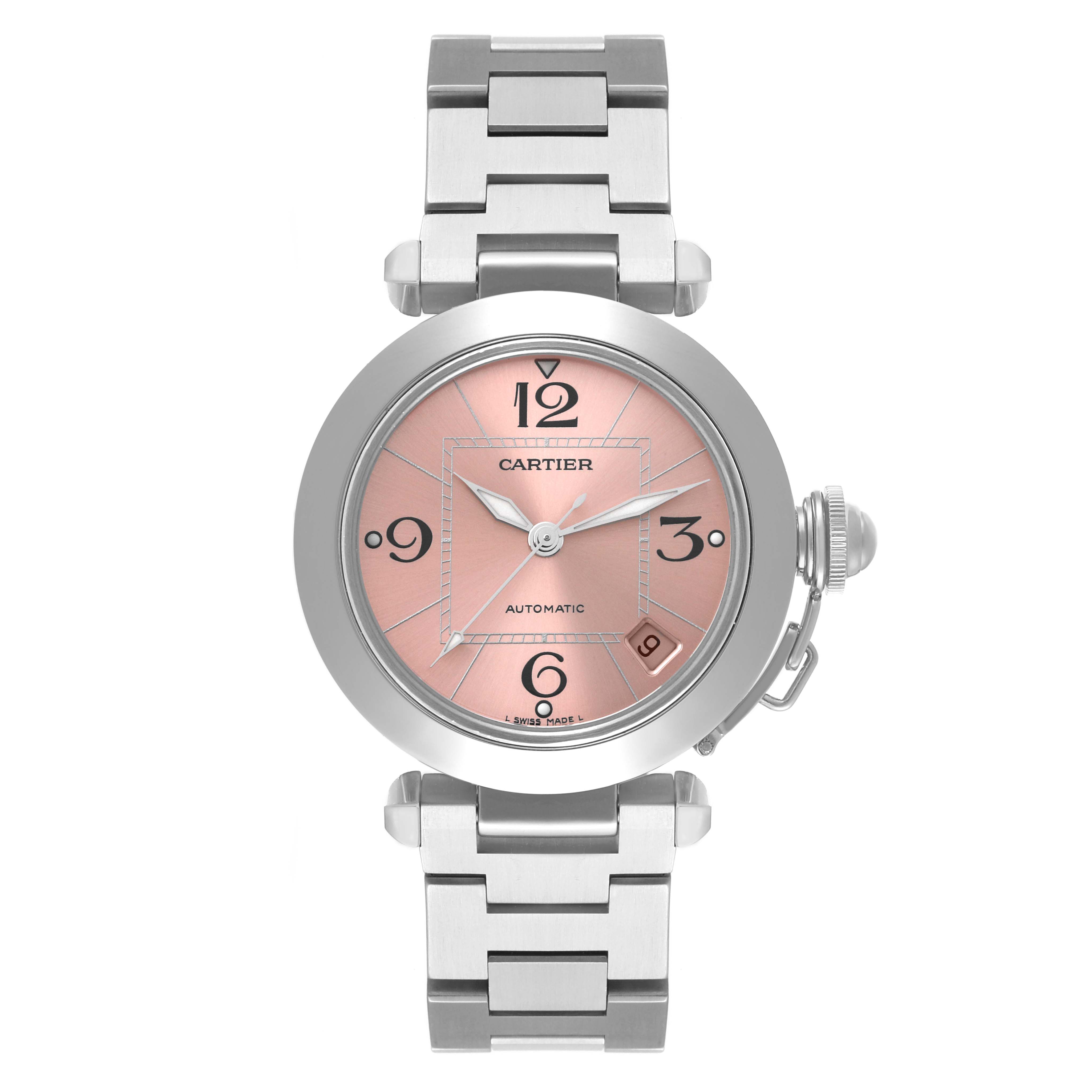 The image shows a frontal view of the Cartier Pasha W31075M7 Women's Stainless Steel Pink Dial W31075M7 Women's Stainless Steel Pink Dial watch, displaying its face, bezel, and metal bracelet.
