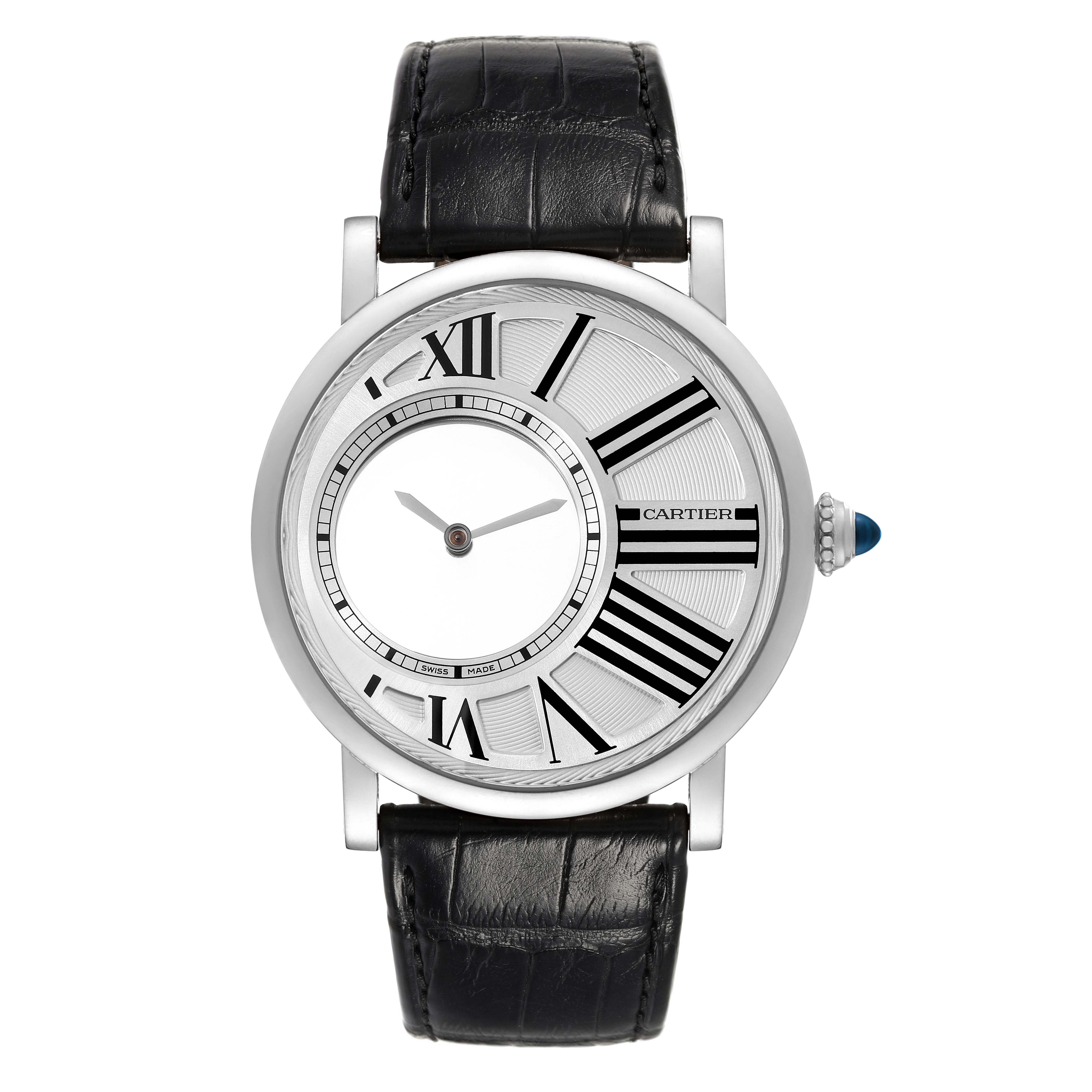 This image shows a front view of the Cartier Rotonde W1556224 Men's White Gold Silver Dial W1556224 Men's White Gold Silver Dial watch with a silver dial, Roman numerals, and a black leather strap.
