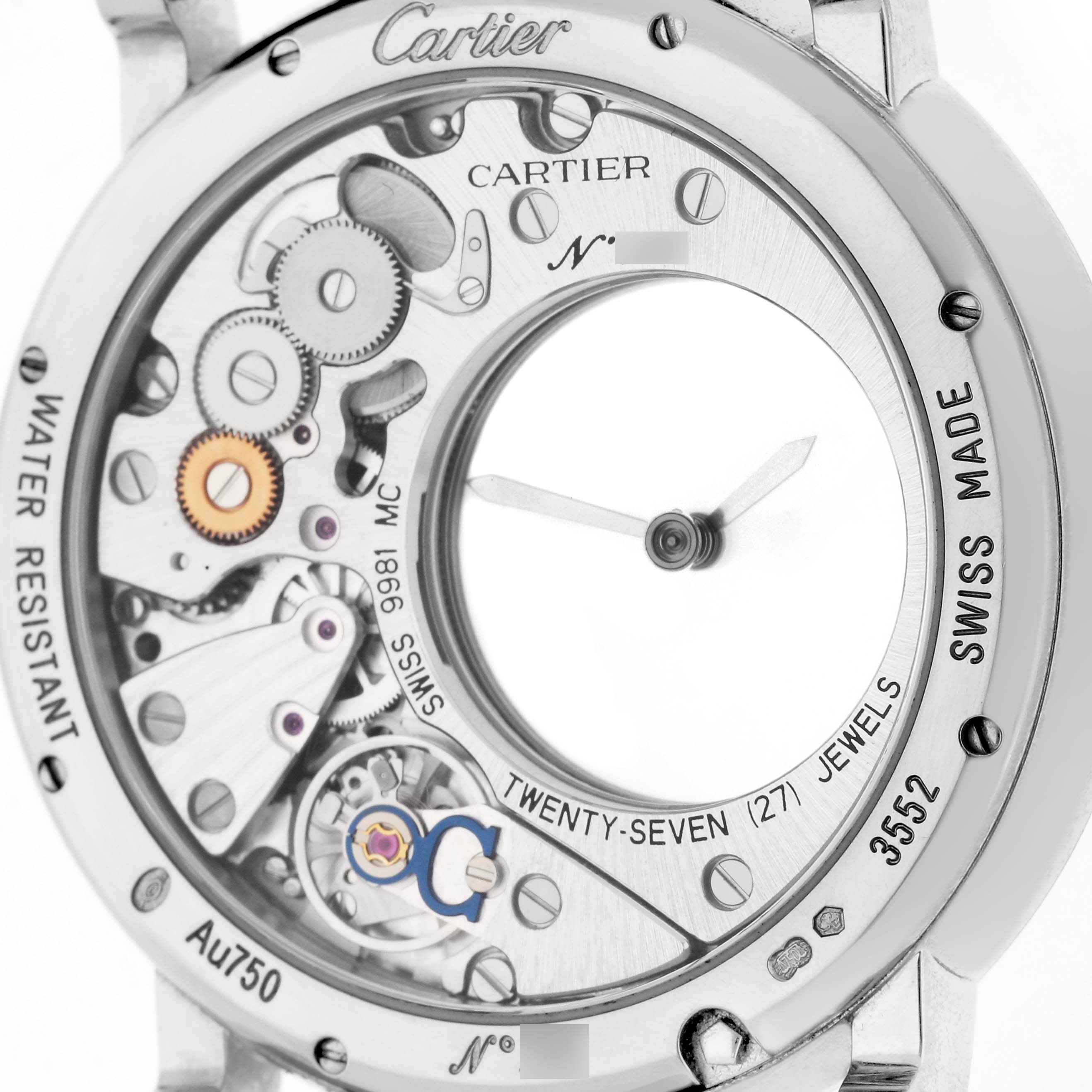 The image shows the back view of a Cartier Rotonde W1556224 Men's White Gold Silver Dial W1556224 Men's White Gold Silver Dial model watch, highlighting its internal mechanisms and movement.