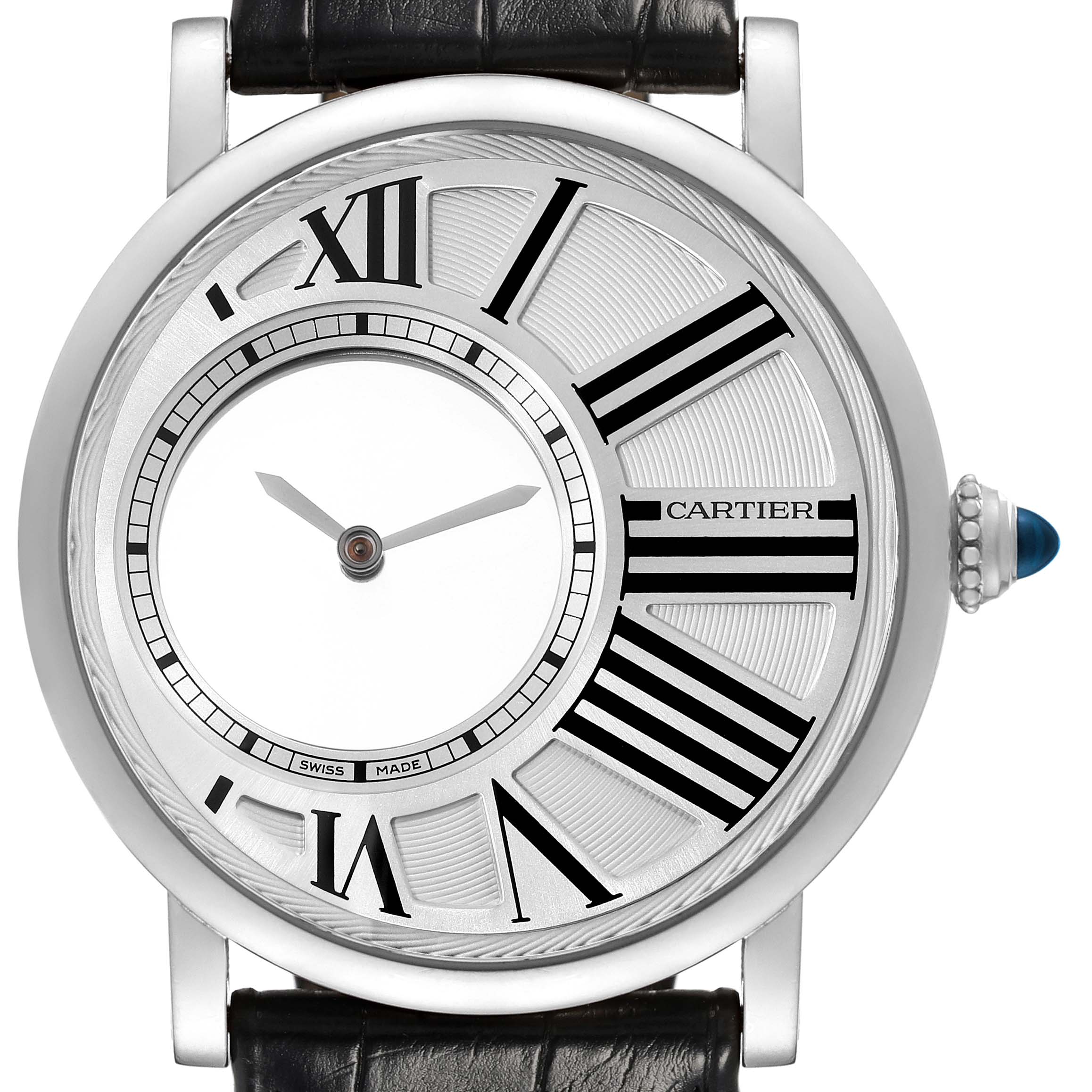 This image shows a close-up, front view of the Rotonde model by Cartier, displaying its face, Roman numerals, and part of the leather strap.