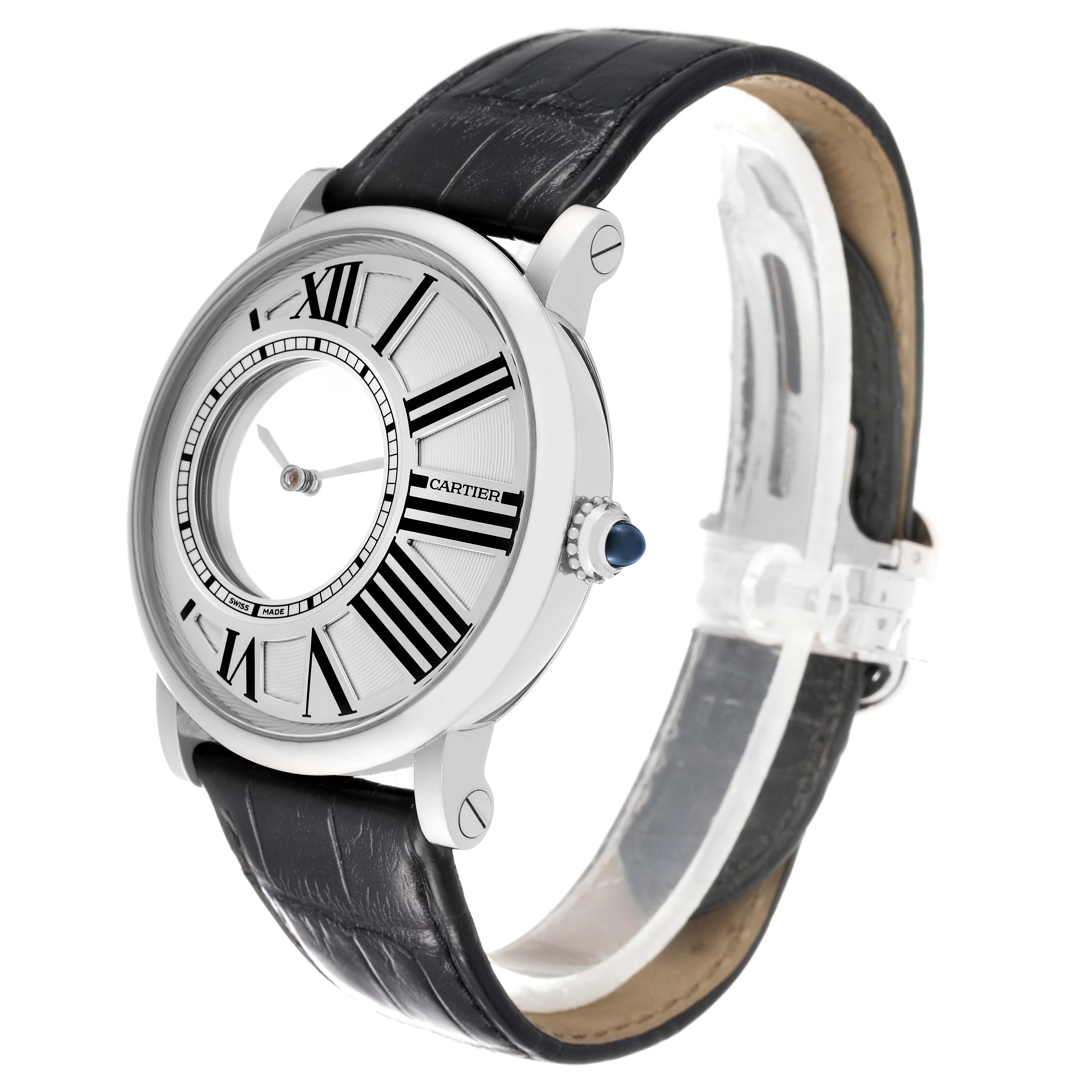 The Cartier Rotonde W1556224 Men's White Gold Silver Dial W1556224 Men's White Gold Silver Dial watch is shown at a slight angle, highlighting its dial, Roman numerals, crown, and leather strap.