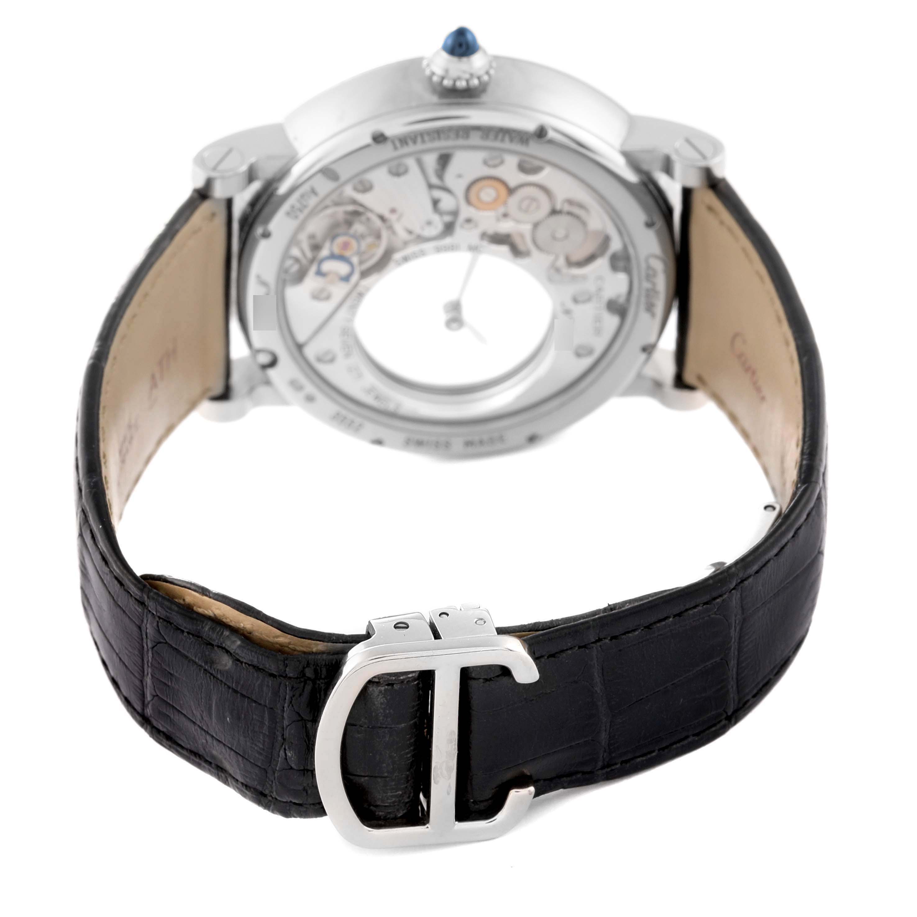 This image shows the back view of the Rotonde model by Cartier, featuring the movement and black leather strap with a clasp.