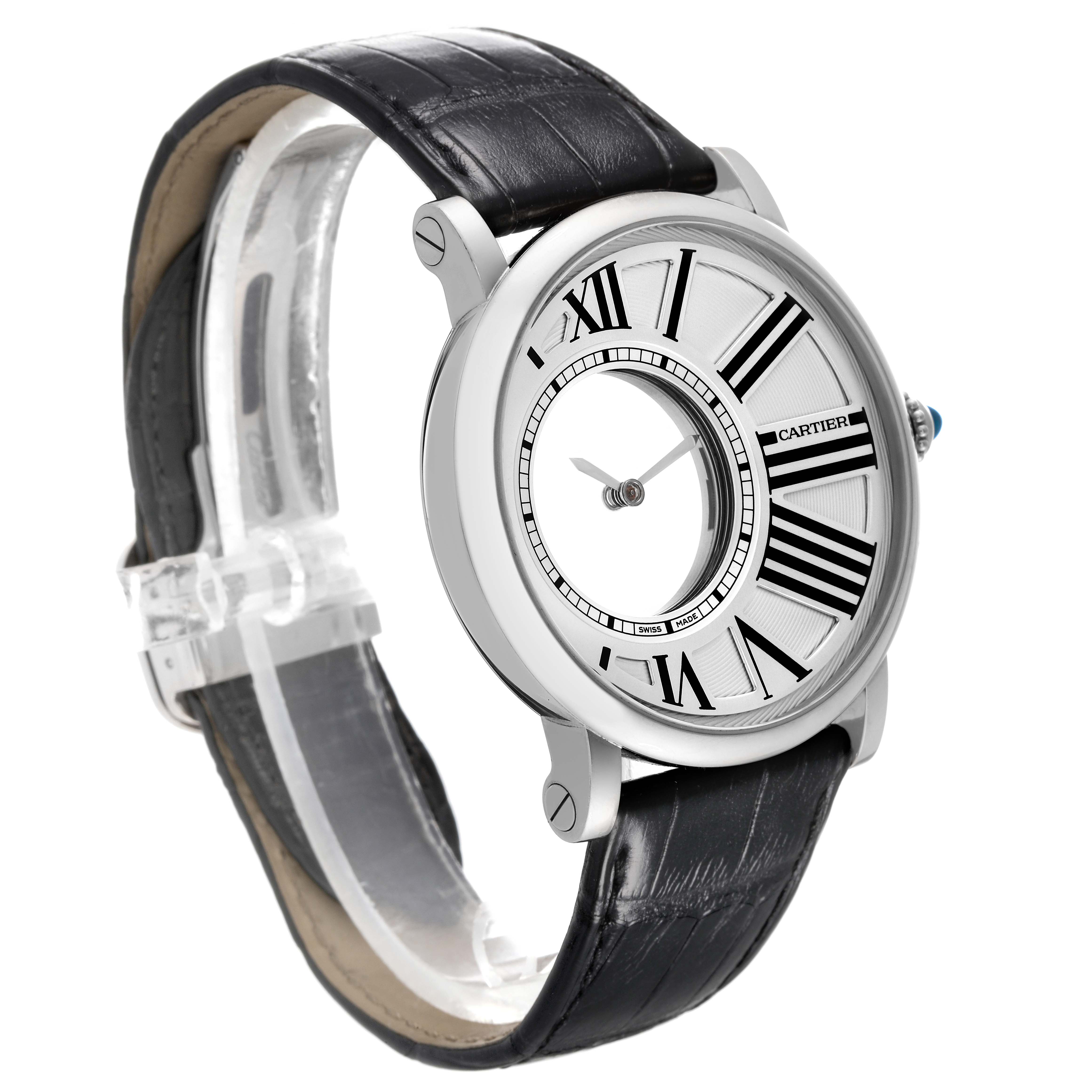The image shows a side angle of the Cartier Rotonde W1556224 Men's White Gold Silver Dial W1556224 Men's White Gold Silver Dial watch, highlighting the dial, strap, and crown.