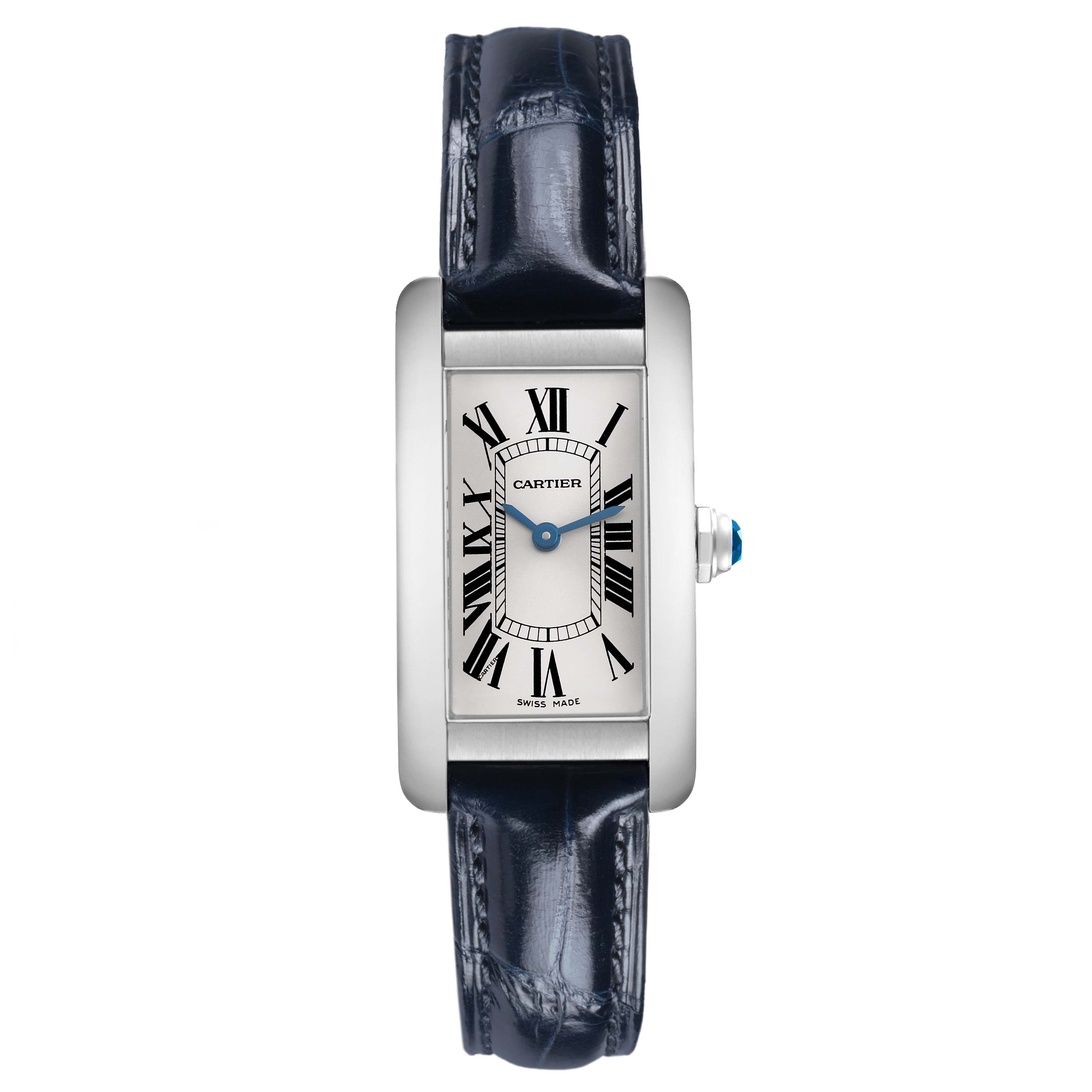 The Cartier Tank Americaine WSTA0016 Women's Stainless Steel Silver Dial watch is shown from a top view, highlighting its rectangular face, Roman numerals, and leather strap.