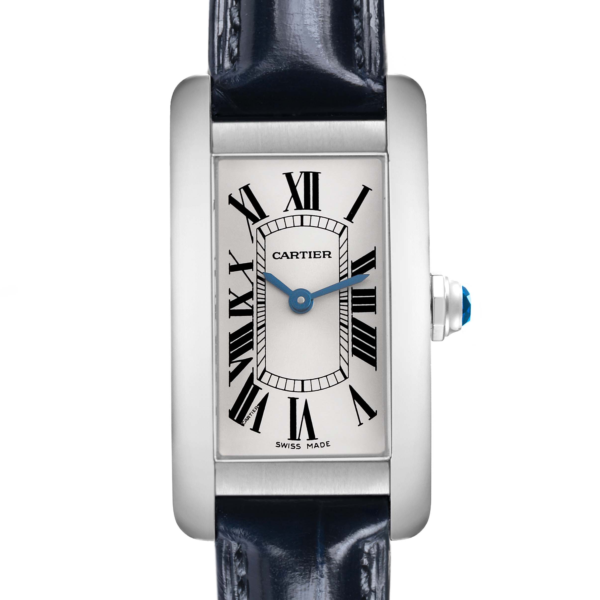 The Cartier Tank Americaine WSTA0016 Women's Stainless Steel Silver Dial watch is shown from a front view, highlighting its rectangular face, Roman numerals, and blue hands.
