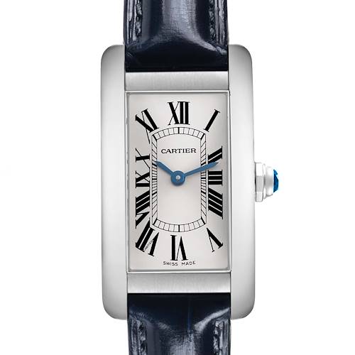 The Cartier Tank Americaine WSTA0016 Women's Stainless Steel Silver Dial watch is shown from a front view, highlighting the dial, Roman numerals, blue hands, and leather strap.