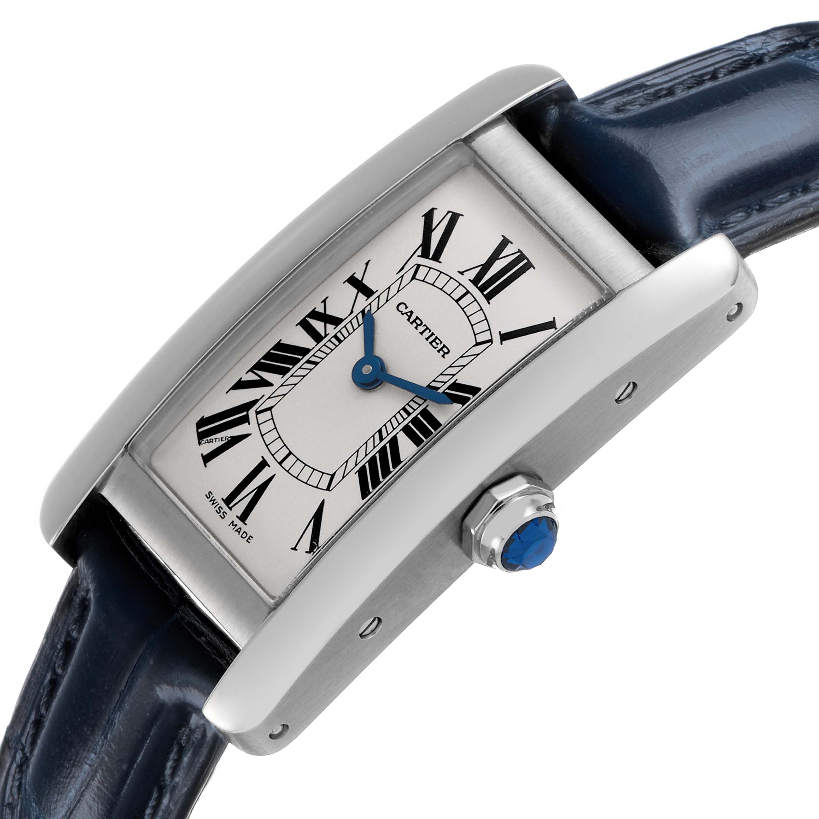 The Cartier Tank Americaine WSTA0016 Women's Stainless Steel Silver Dial watch is shown at an angle highlighting the face, crown, and strap.