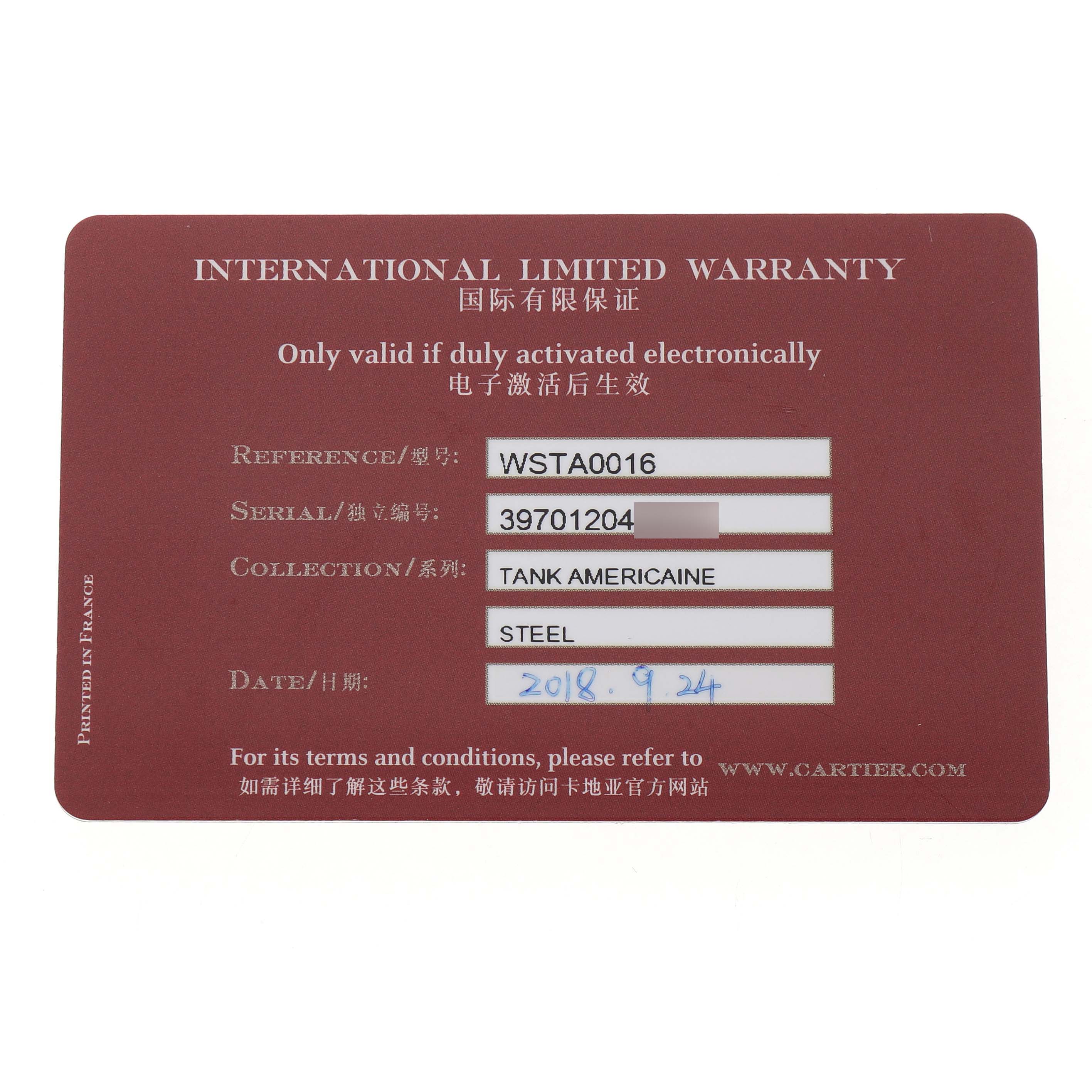 The image shows an International Limited Warranty card for the Cartier Tank Americaine WSTA0016 Women's Stainless Steel Silver Dial watch model.