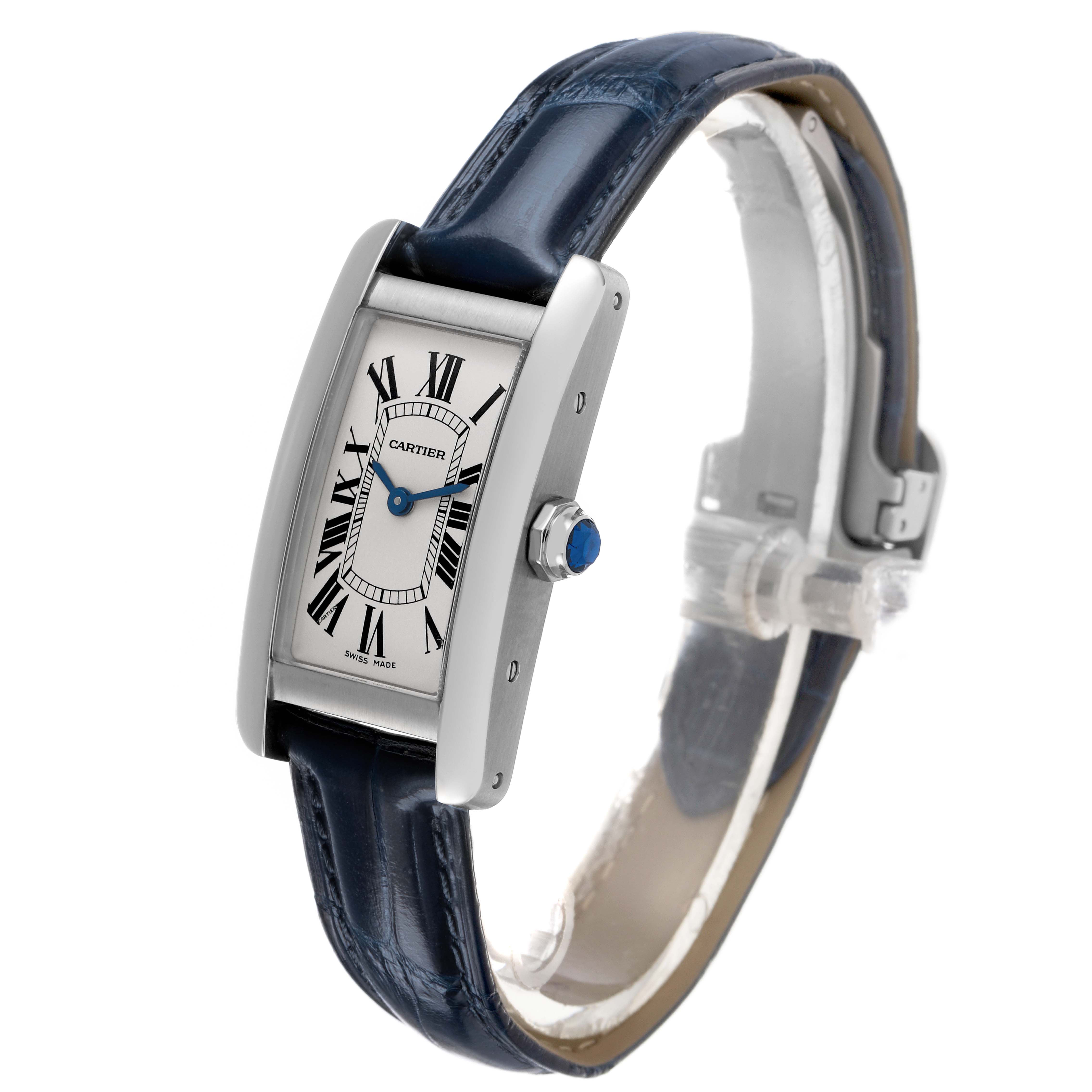 The Cartier Tank Americaine WSTA0016 Women's Stainless Steel Silver Dial is shown at a three-quarter angle, highlighting the face, strap, case, and crown.