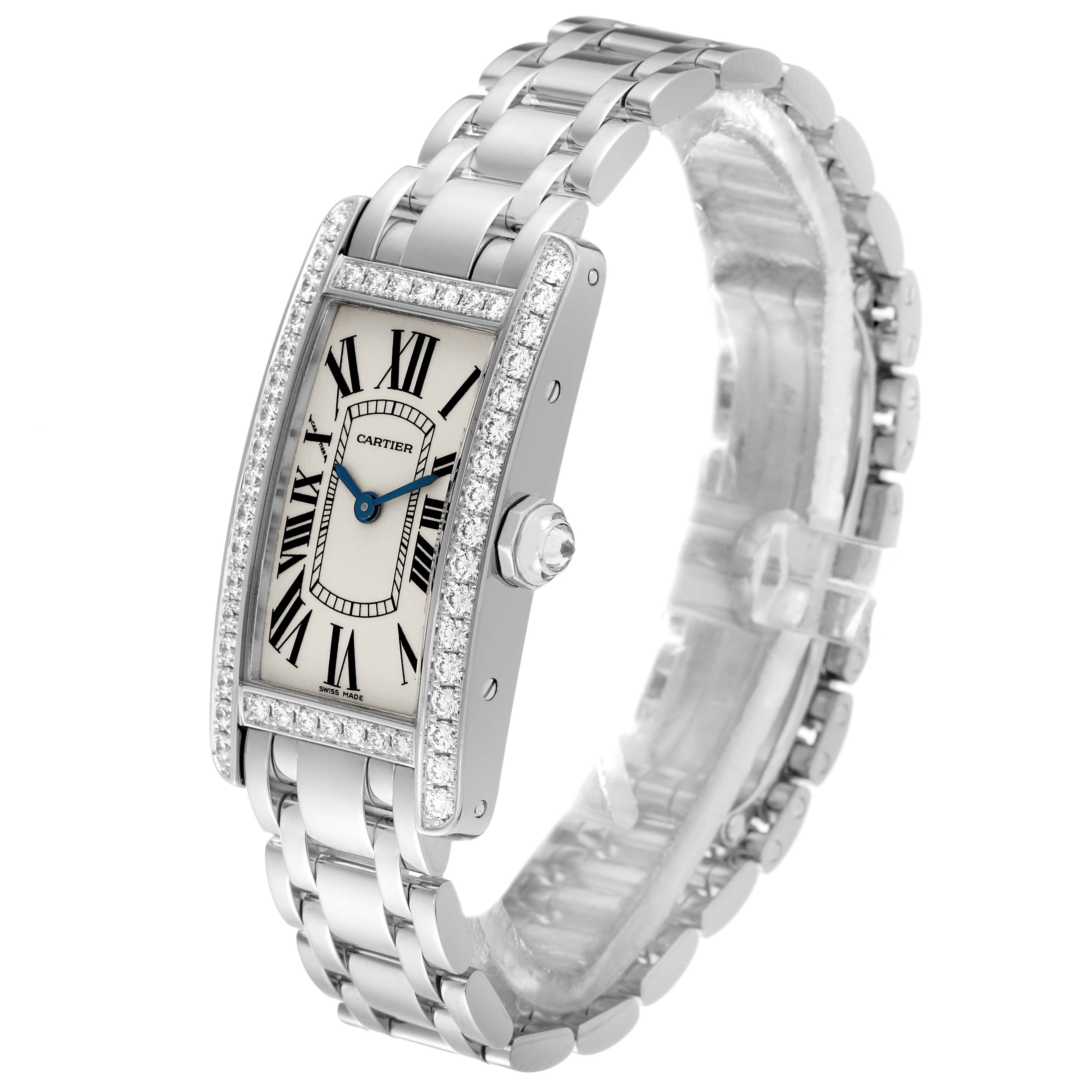 The image shows a Cartier Tank Americaine WB7073L1 Women's Stainless Steel Silver Dial WB7073L1 Women's Stainless Steel Silver Dial model watch from a front-side angle, highlighting the face, bezel, and bracelet.