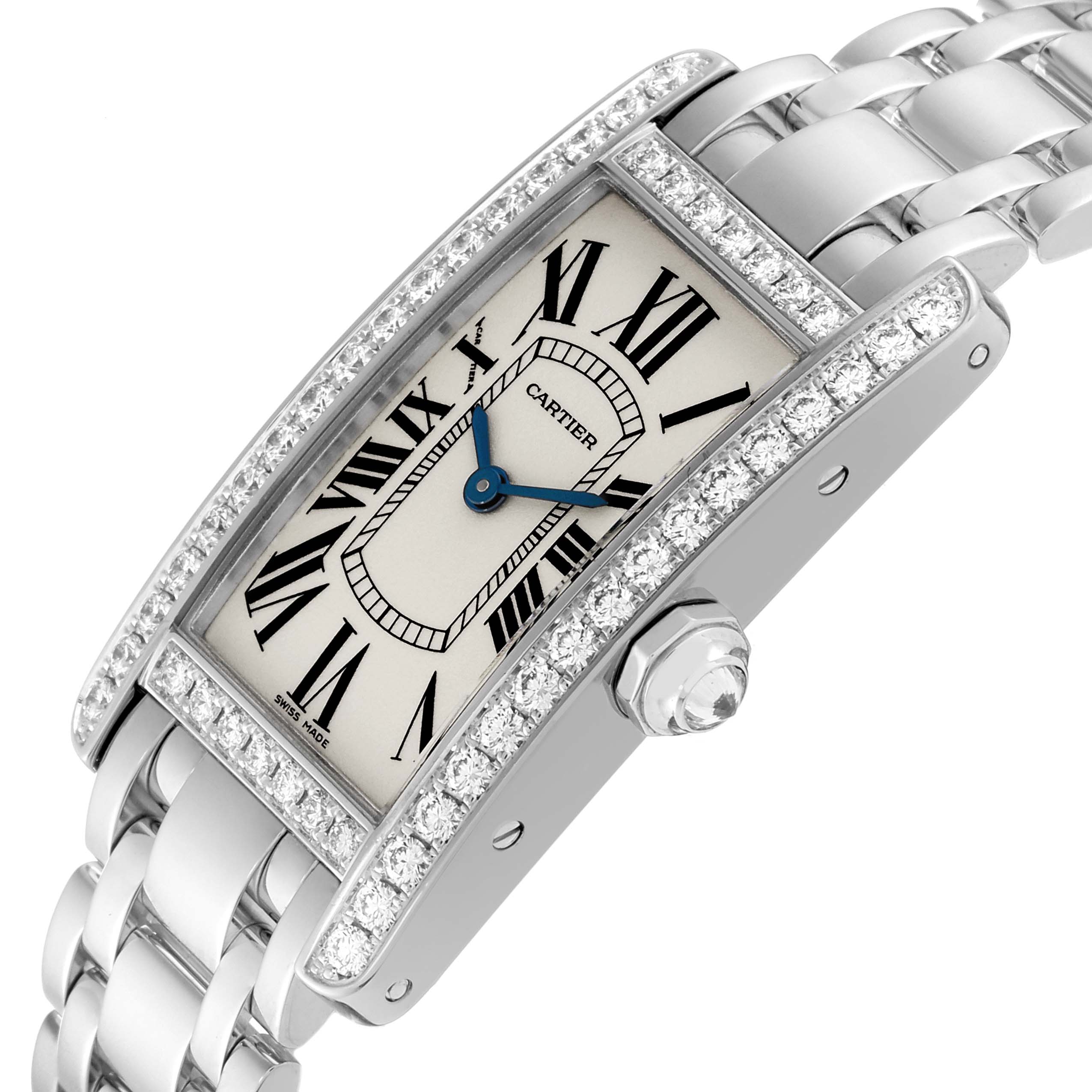 This Cartier Tank Americaine WB7073L1 Women's Stainless Steel Silver Dial WB7073L1 Women's Stainless Steel Silver Dial watch is shown from an angled close-up, displaying its face, bracelet, and diamond-studded bezel.