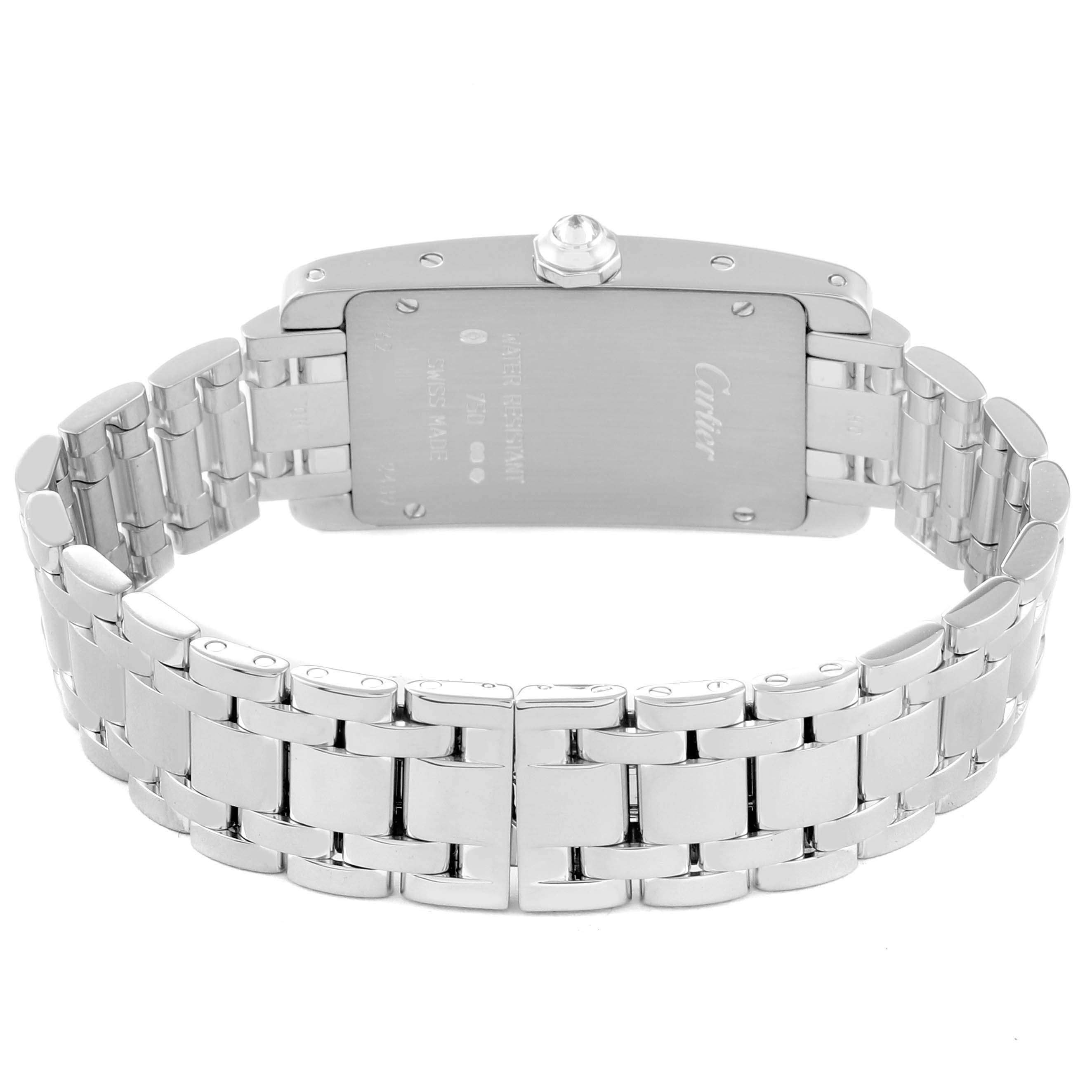 The image shows the back and bracelet of a Cartier Tank Americaine WB7073L1 Women's Stainless Steel Silver Dial WB7073L1 Women's Stainless Steel Silver Dial watch, focusing on the case back and links.