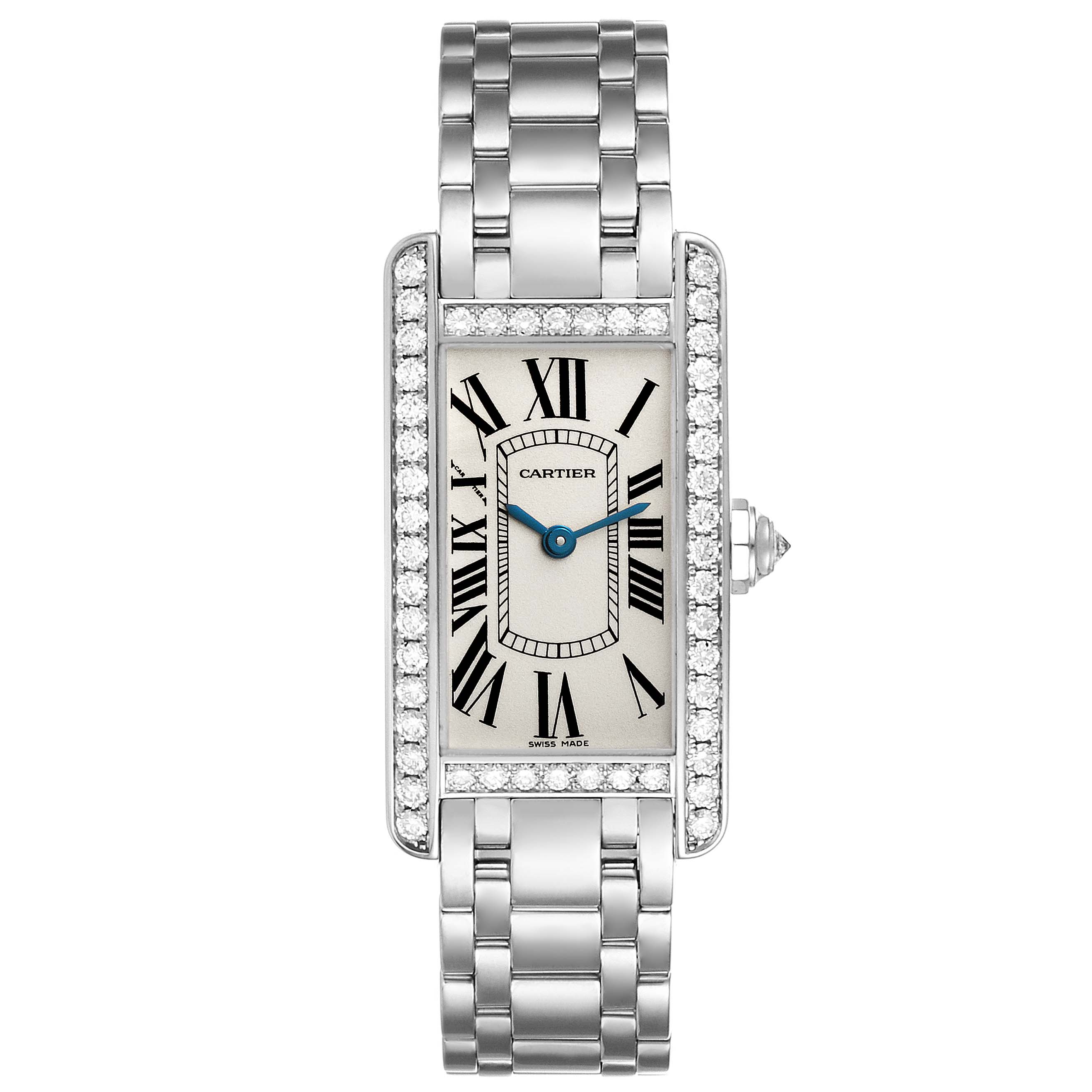 This Cartier Tank Americaine WB7073L1 Women's Stainless Steel Silver Dial WB7073L1 Women's Stainless Steel Silver Dial watch is shown from a top-down angle, highlighting the rectangular face, Roman numerals, and metal bracelet.