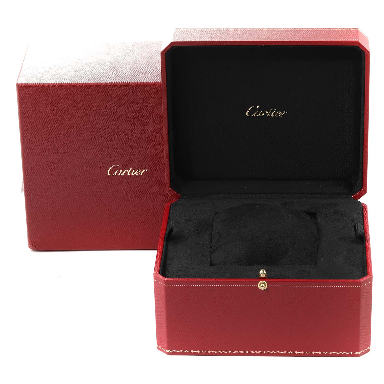 The image shows a Cartier Tank Americaine WB7073L1 Women's Stainless Steel Silver Dial WB7073L1 Women's Stainless Steel Silver Dial watch box and its outer protective box, both in red with gold lettering.