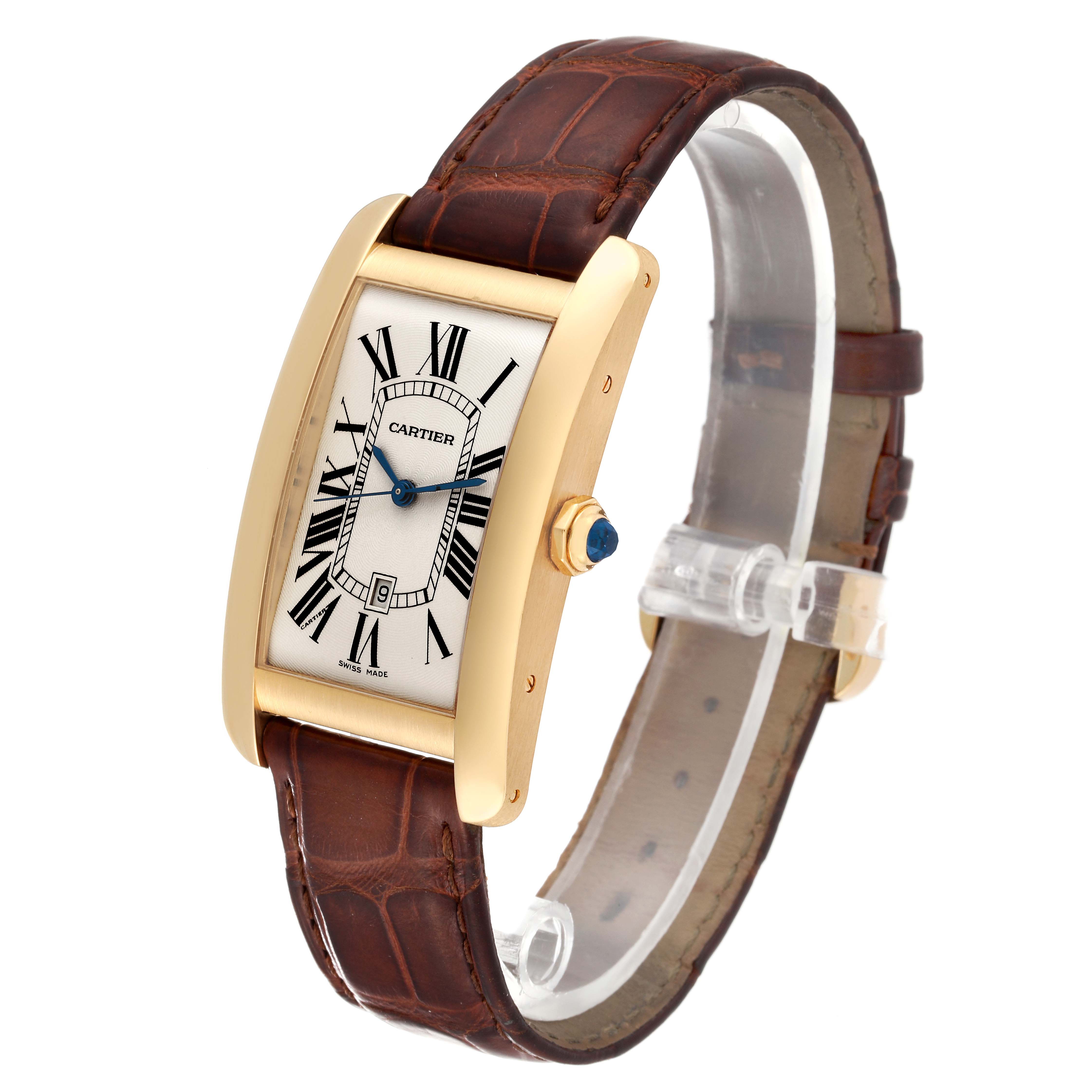 The image shows a Cartier Tank Americaine W2603156 Men
s Yellow Gold Silver Dial W2603156 Men
s Yellow Gold Silver Dial watch from an angled side view, displaying the face, crown, and leather strap.