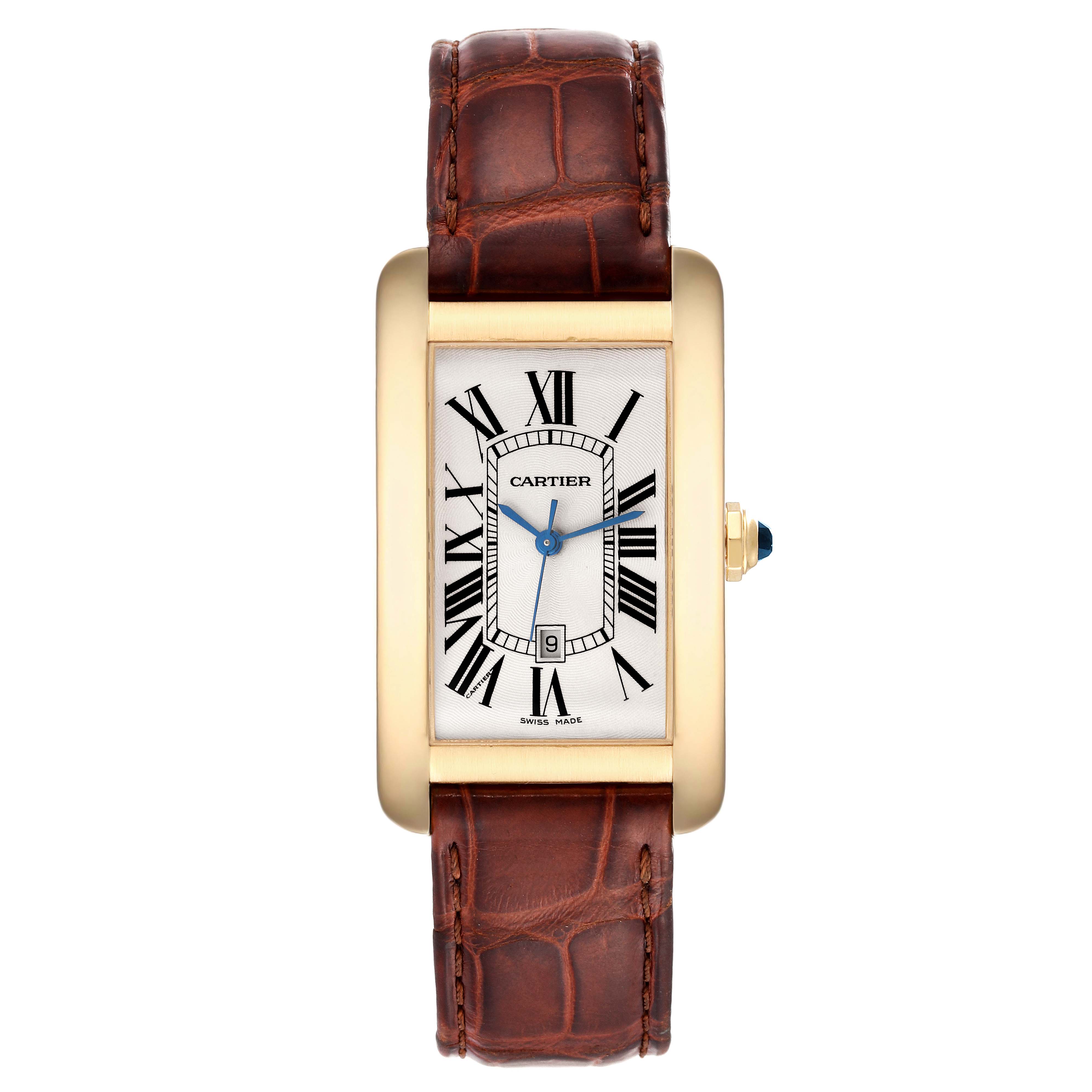 This Cartier Tank Americaine W2603156 Men
s Yellow Gold Silver Dial W2603156 Men
s Yellow Gold Silver Dial watch is shown from a front angle, featuring a rectangular dial, leather strap, and gold casing.