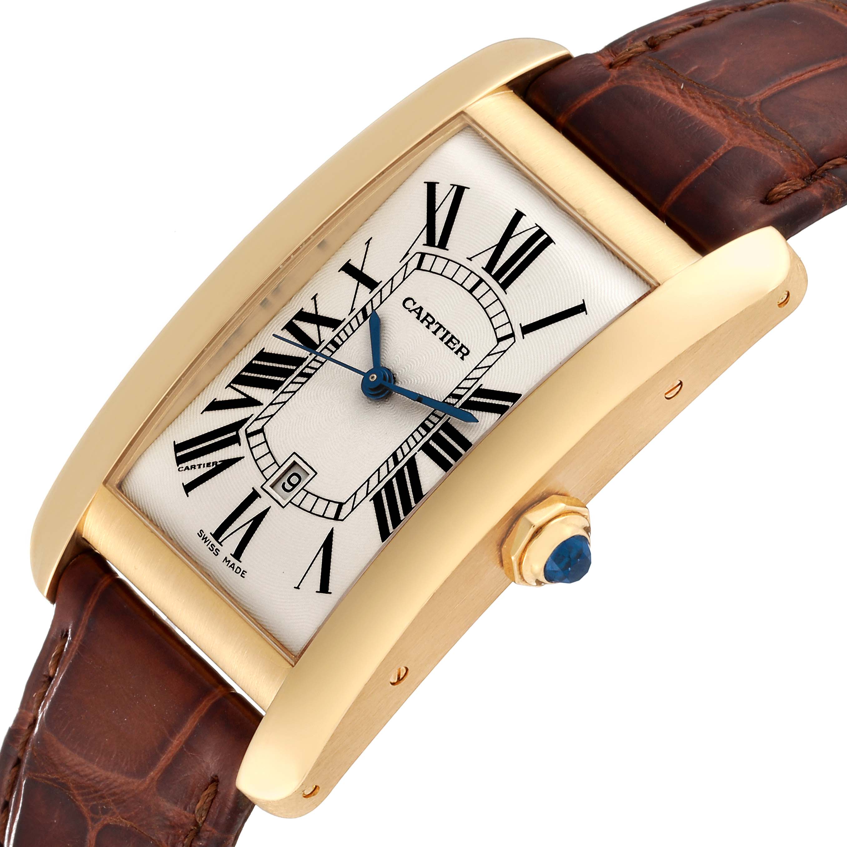 This image shows a close-up of the Cartier Tank Americaine W2603156 Men
s Yellow Gold Silver Dial W2603156 Men
s Yellow Gold Silver Dial watch, highlighting its face and crown at an angled view.