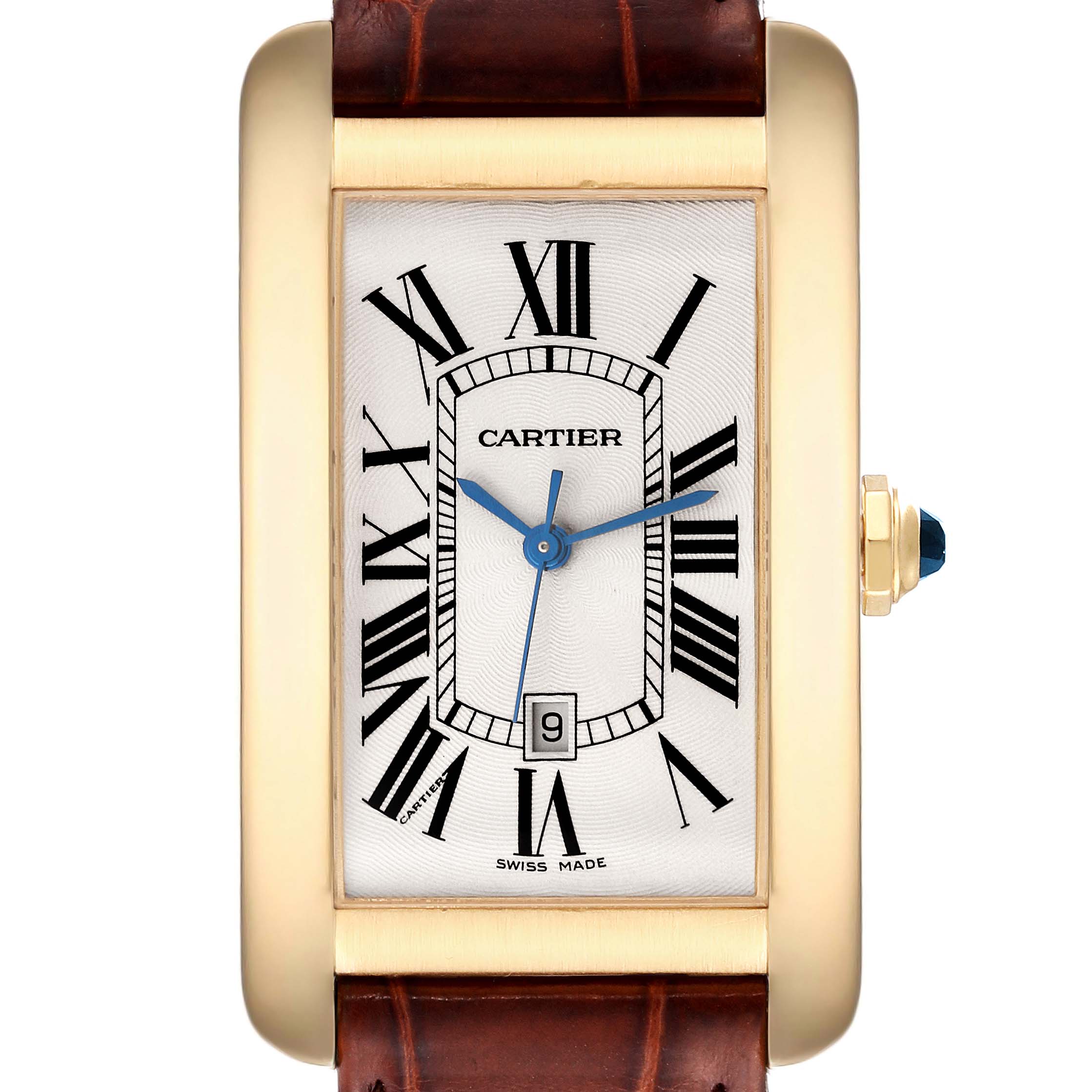 The image shows a front view of a Tank Americaine model watch by Cartier, highlighting the face, case, and part of the strap.