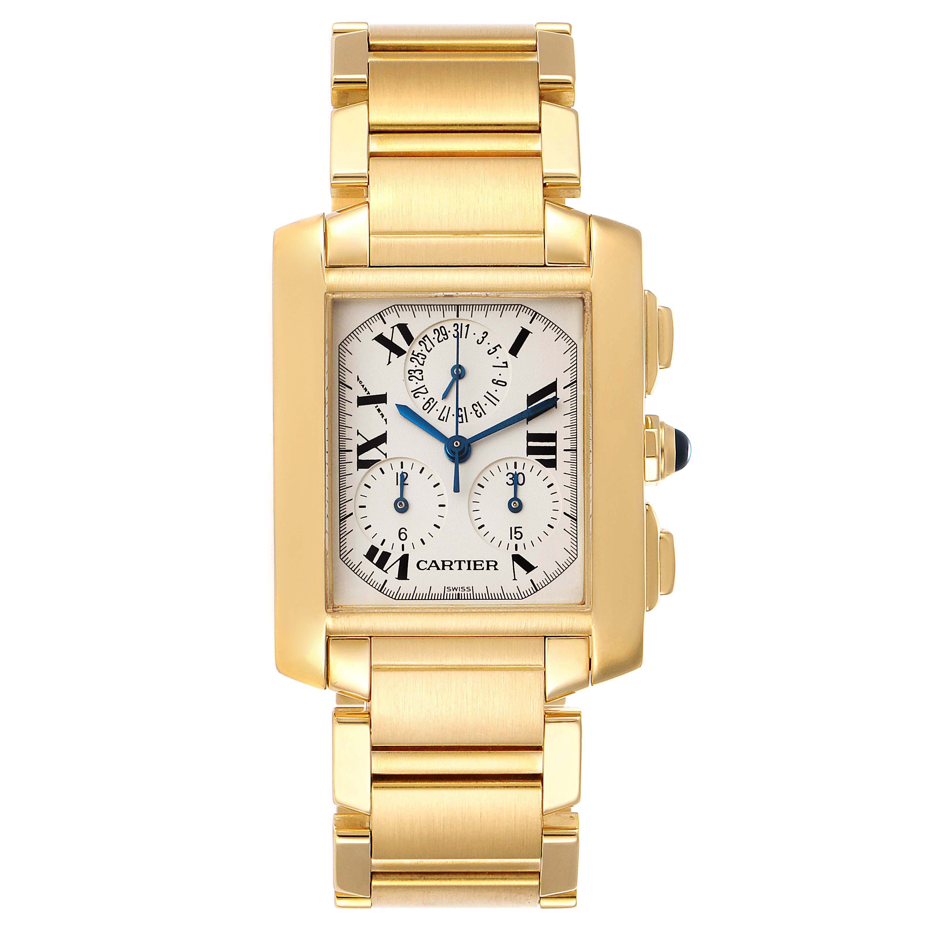 The image shows a Cartier Tank Francaise W50005R2 Men's Yellow Gold Silver Dial W50005R2 Men's Yellow Gold Silver Dial watch from the front, highlighting the gold case, bracelet, and blue hands on the dial.